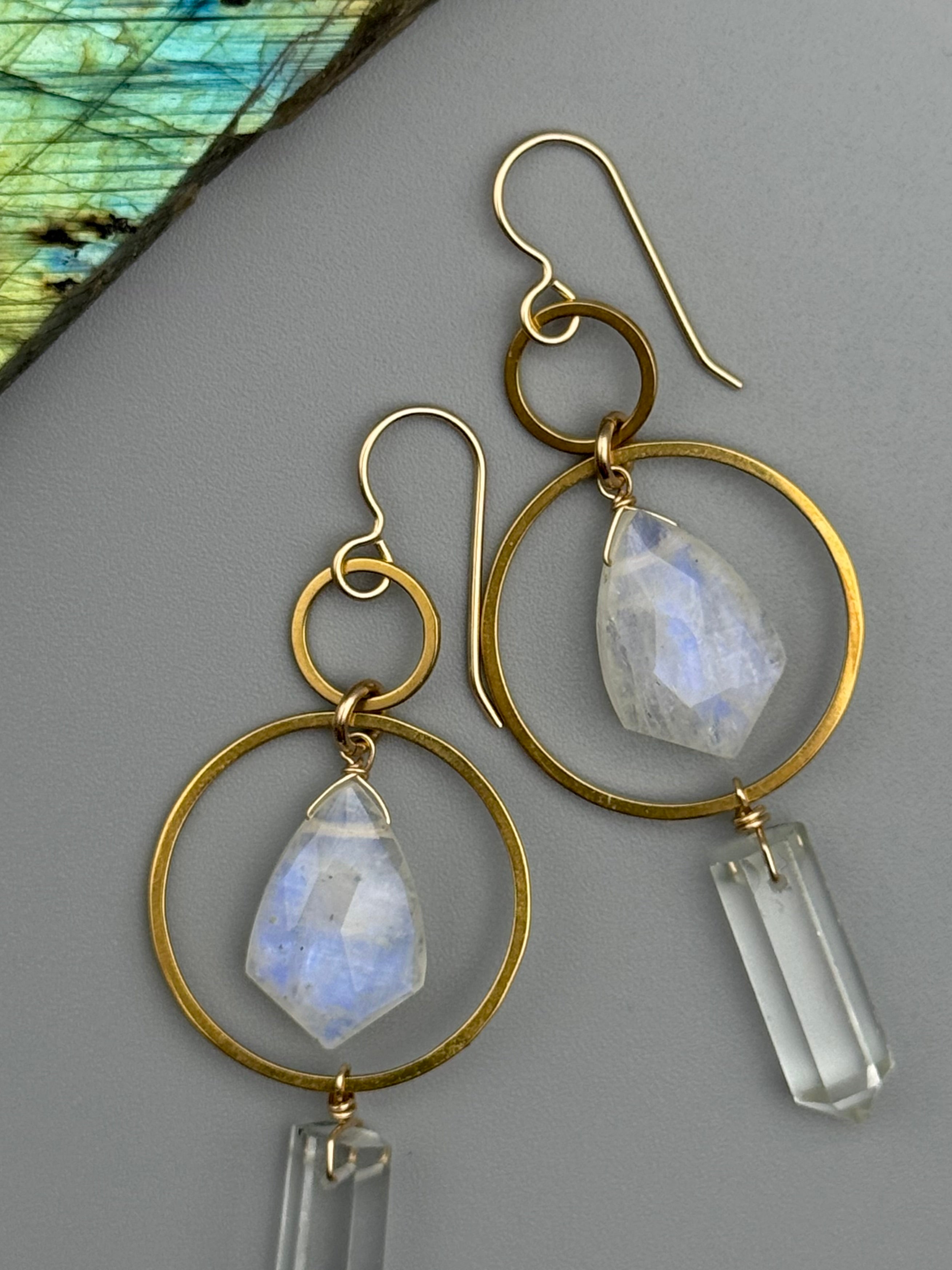 •EQUA-LUNA• rainbow moonstone + quartz point gold earrings