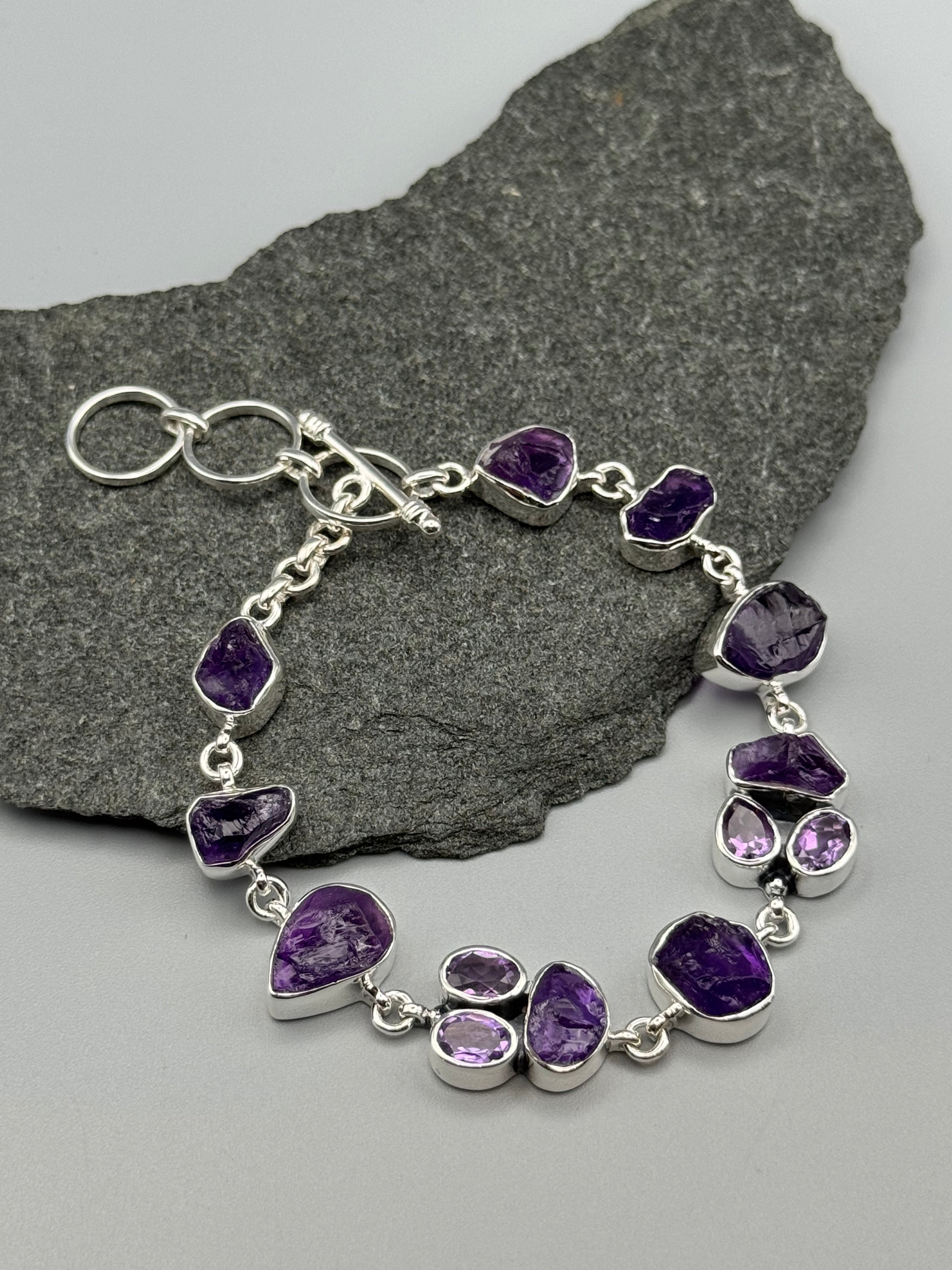 •AMETHYST - CLUSTER• linked silver bracelet (7.25" - 8.5")