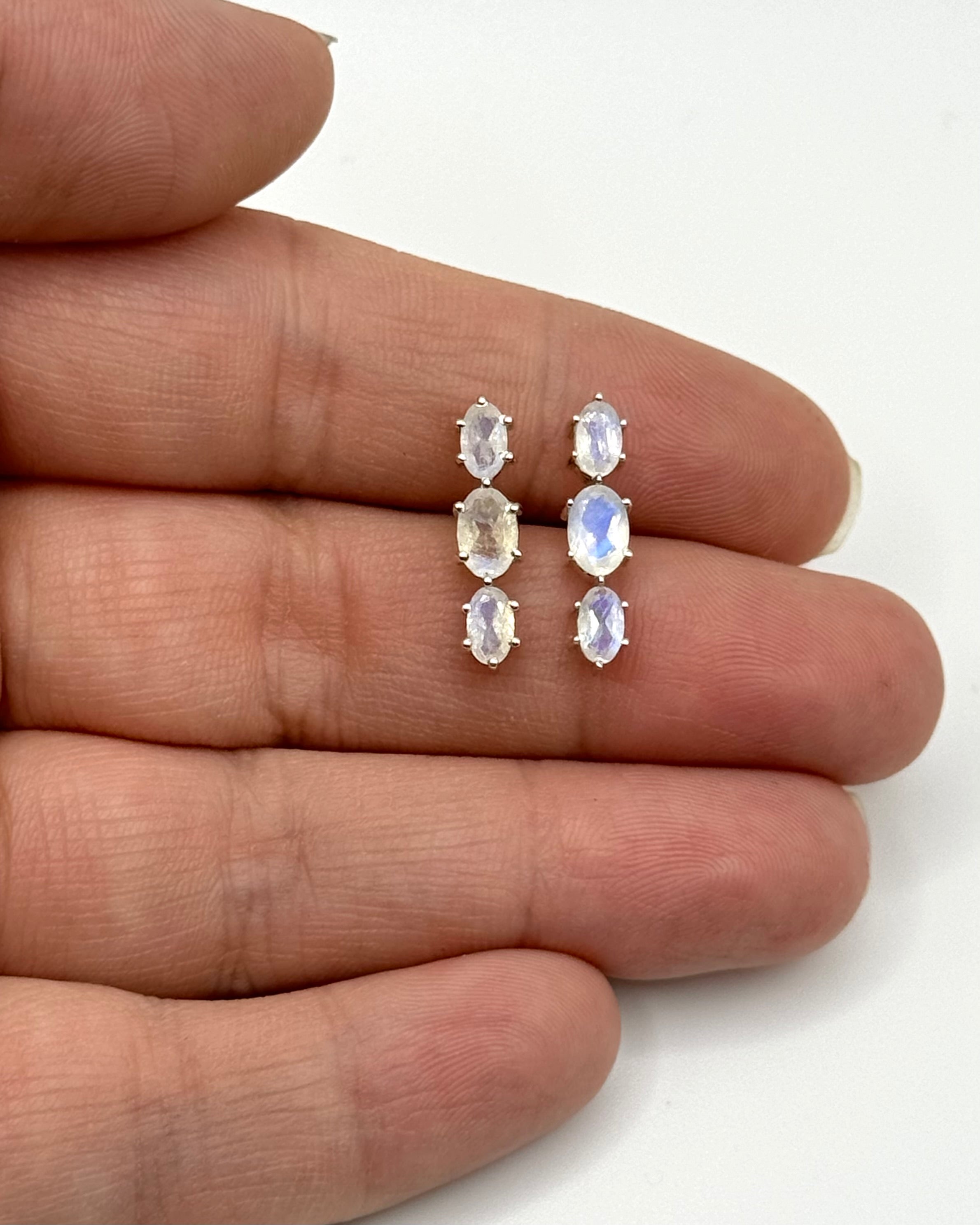 •RAINBOW MOONSTONE - FACETED TRIO• silver prong set stud earrings
