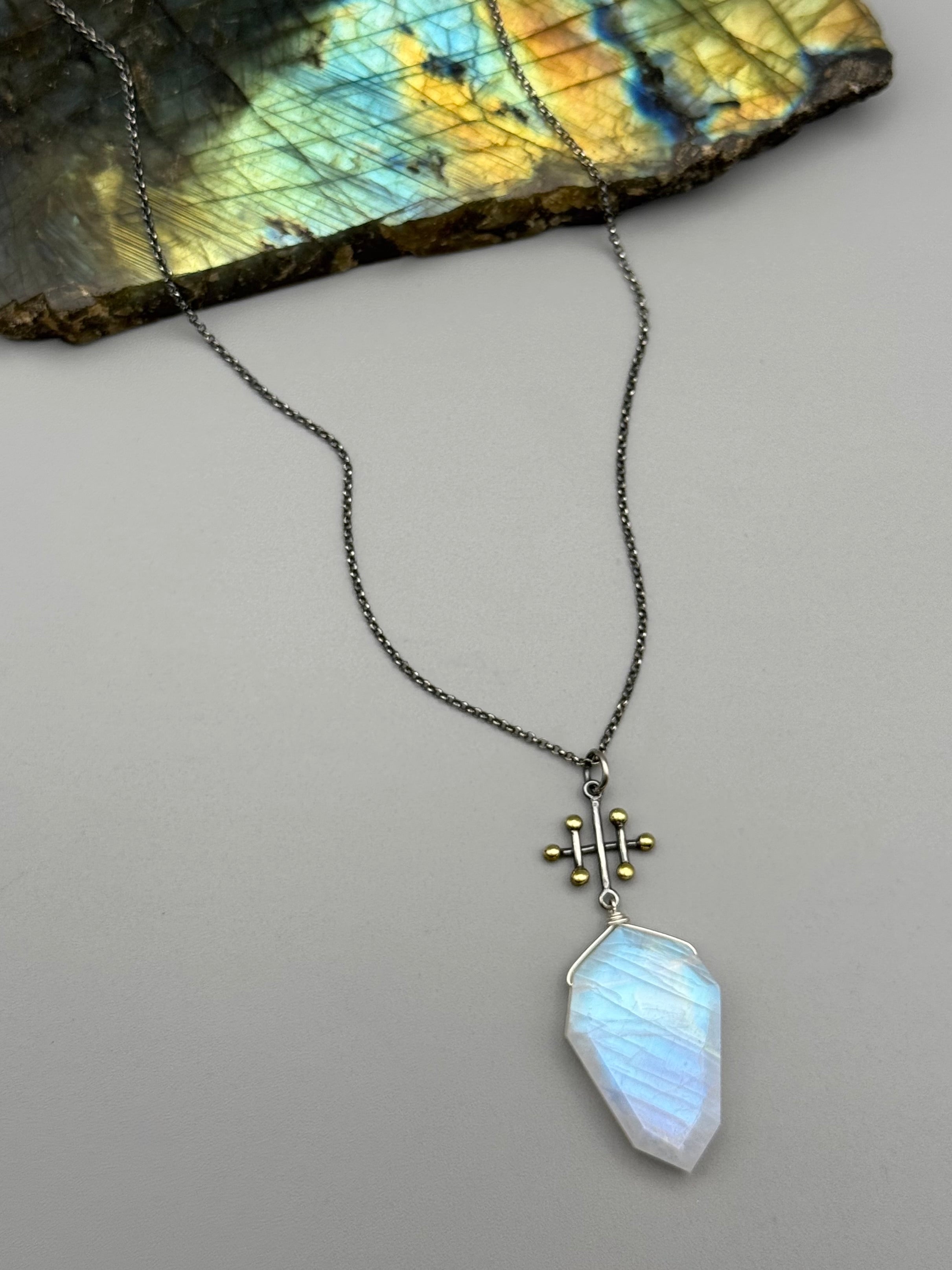 •INVOKE• rainbow moonstone + mixed metal necklace (26"-28" long)