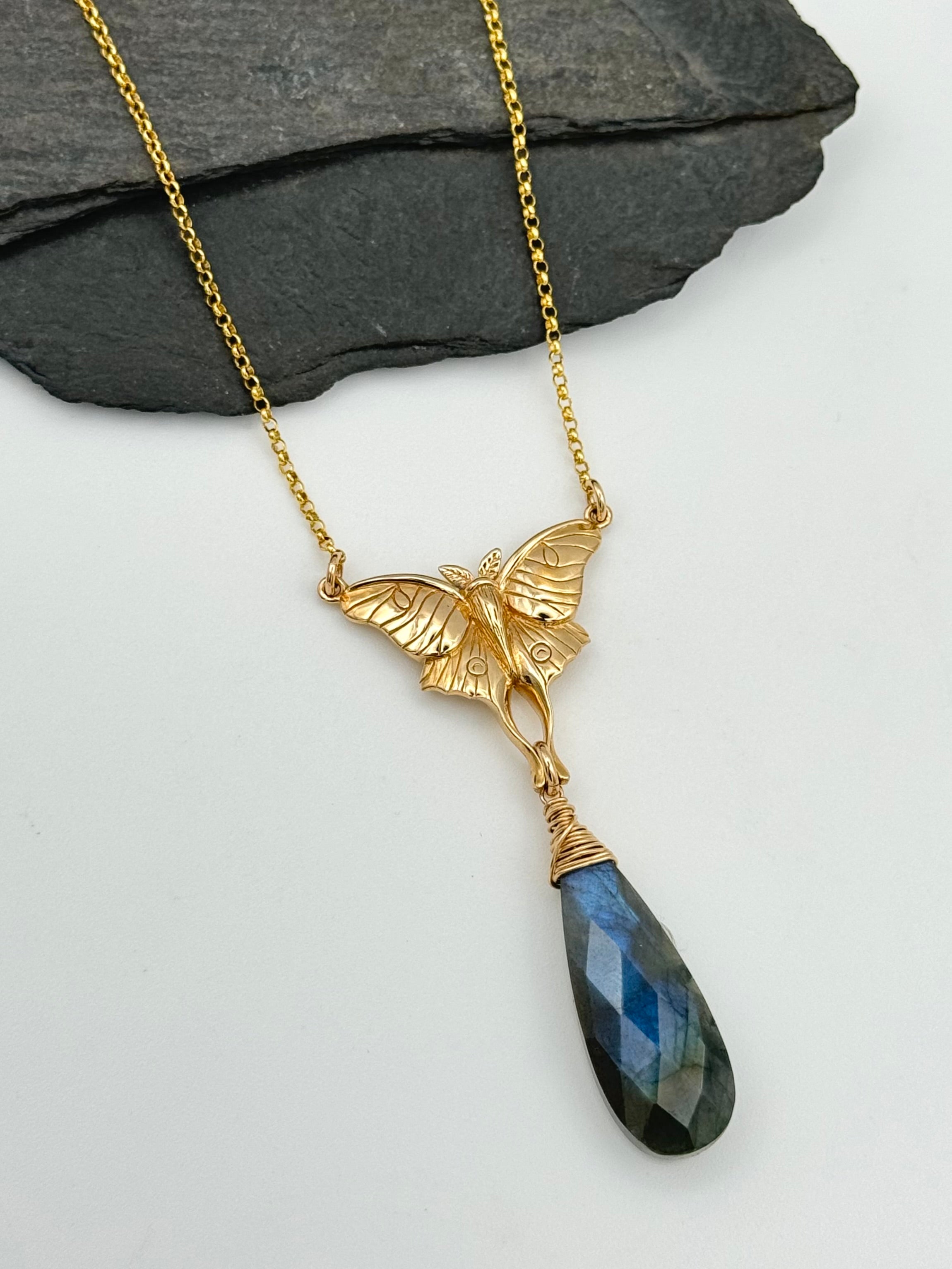 •GUIDE• labradorite + moth + gold necklace (18"-20" long)