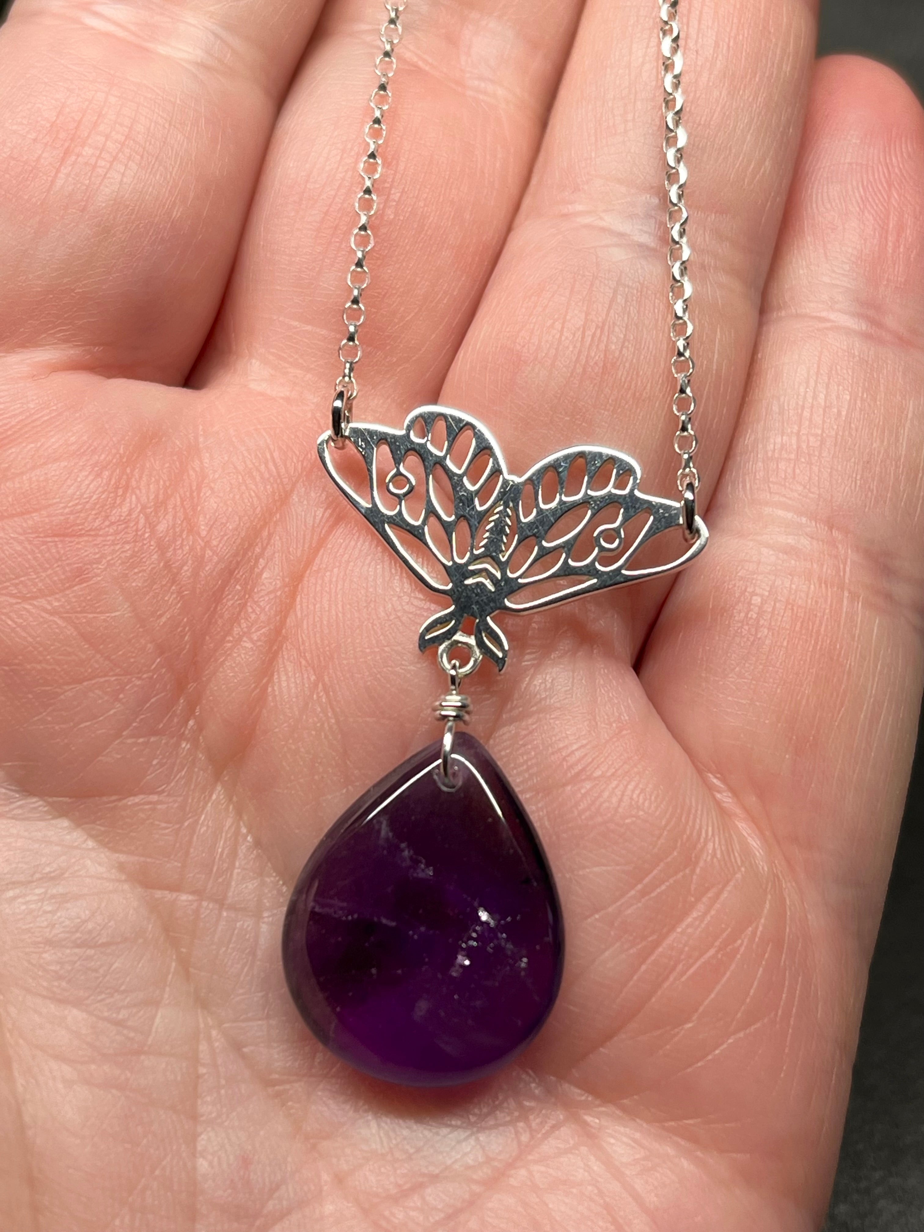 •GUIDE• amethyst + moth + silver necklace (16"-18")