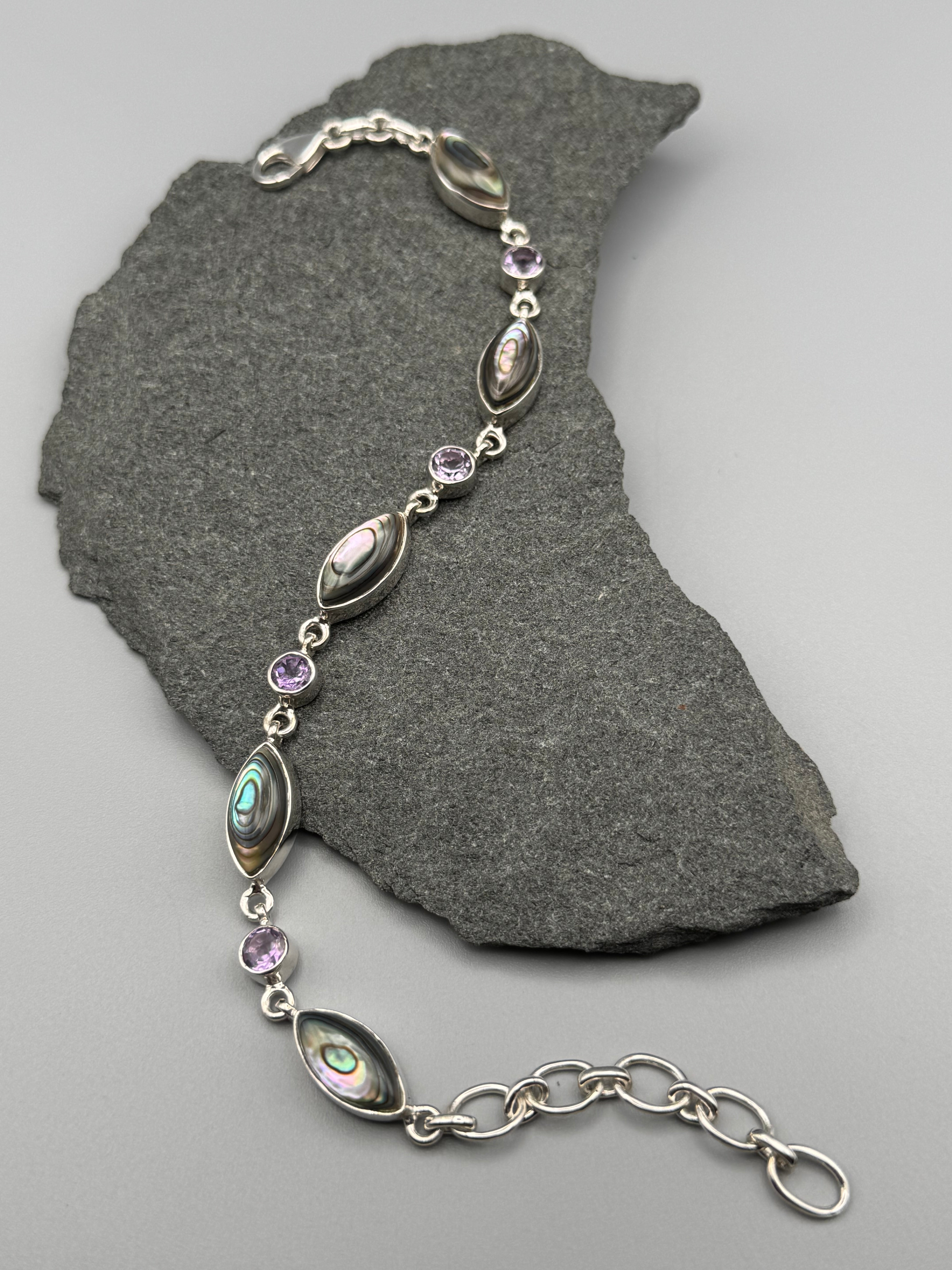 •ABALONE + AMETHYST• linked silver bracelet (7.25" - 9")