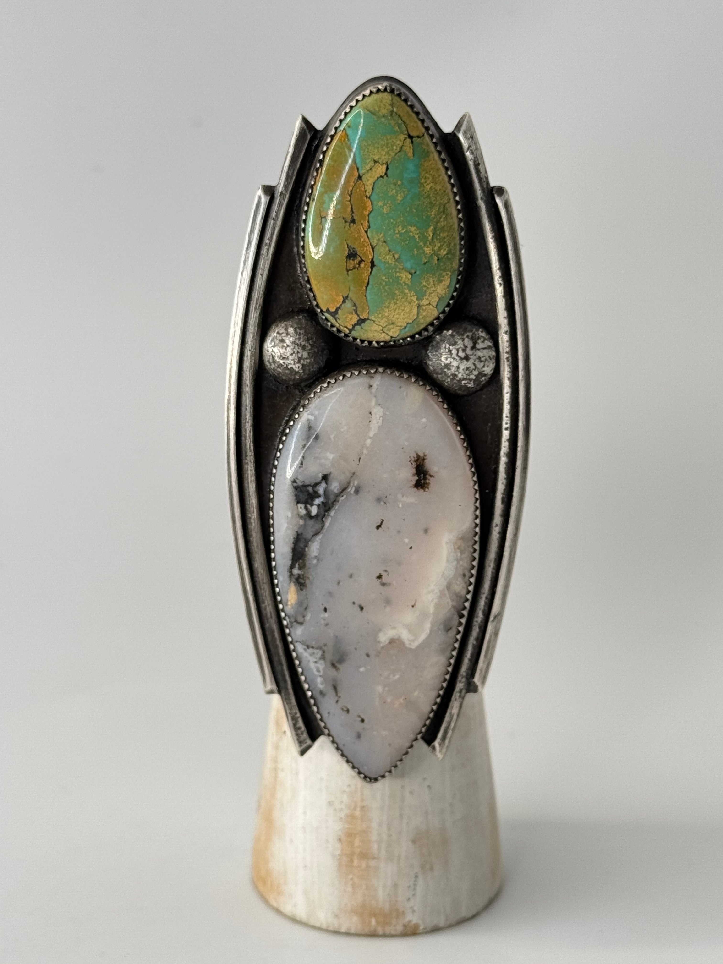 •DUALITY• royston turquoise + pink opal + silver ring (size 8)