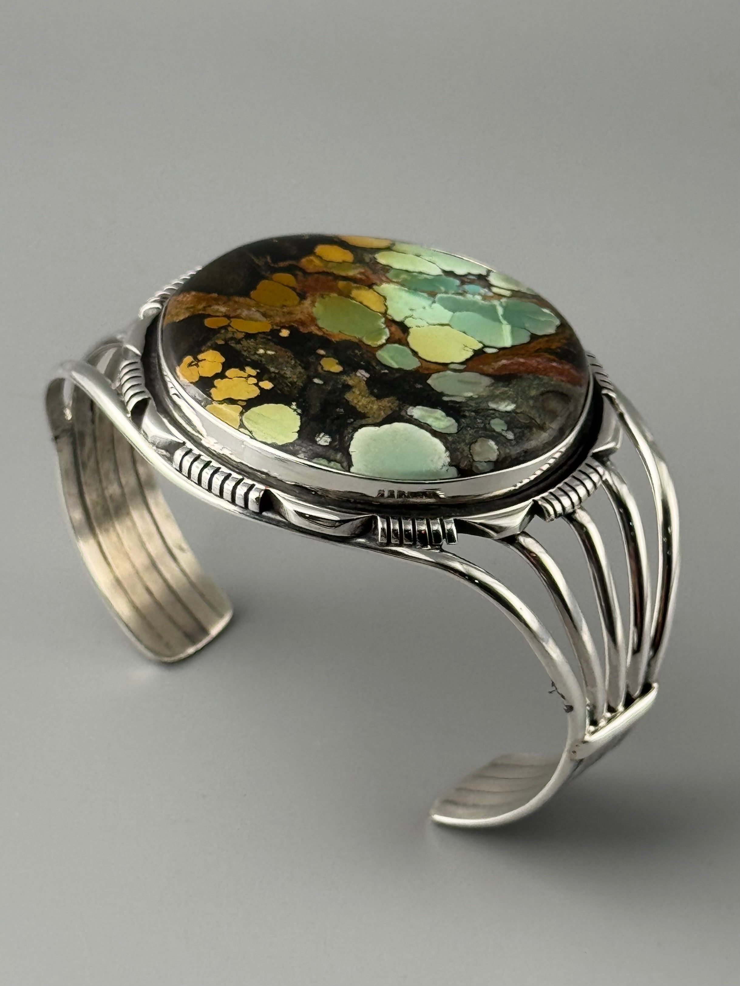 •BLACKJACK TURQUOISE - MOUNTAIN FEATHERS - 2• Navajo sterling silver cuff bracelet (7.5" +/-)