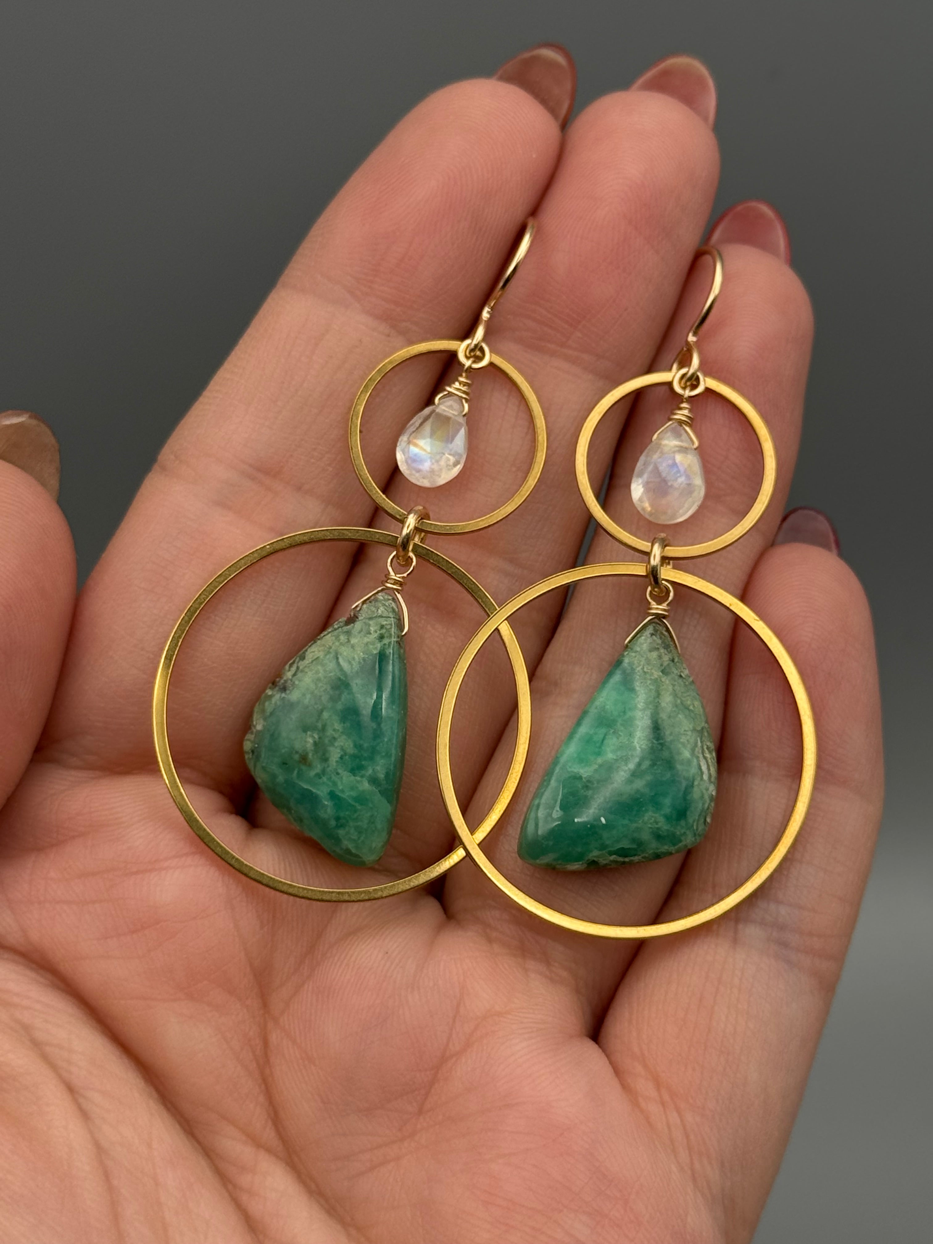 •4 OF CUPS• rainbow moonstone + chrysoprase wing gold earrings