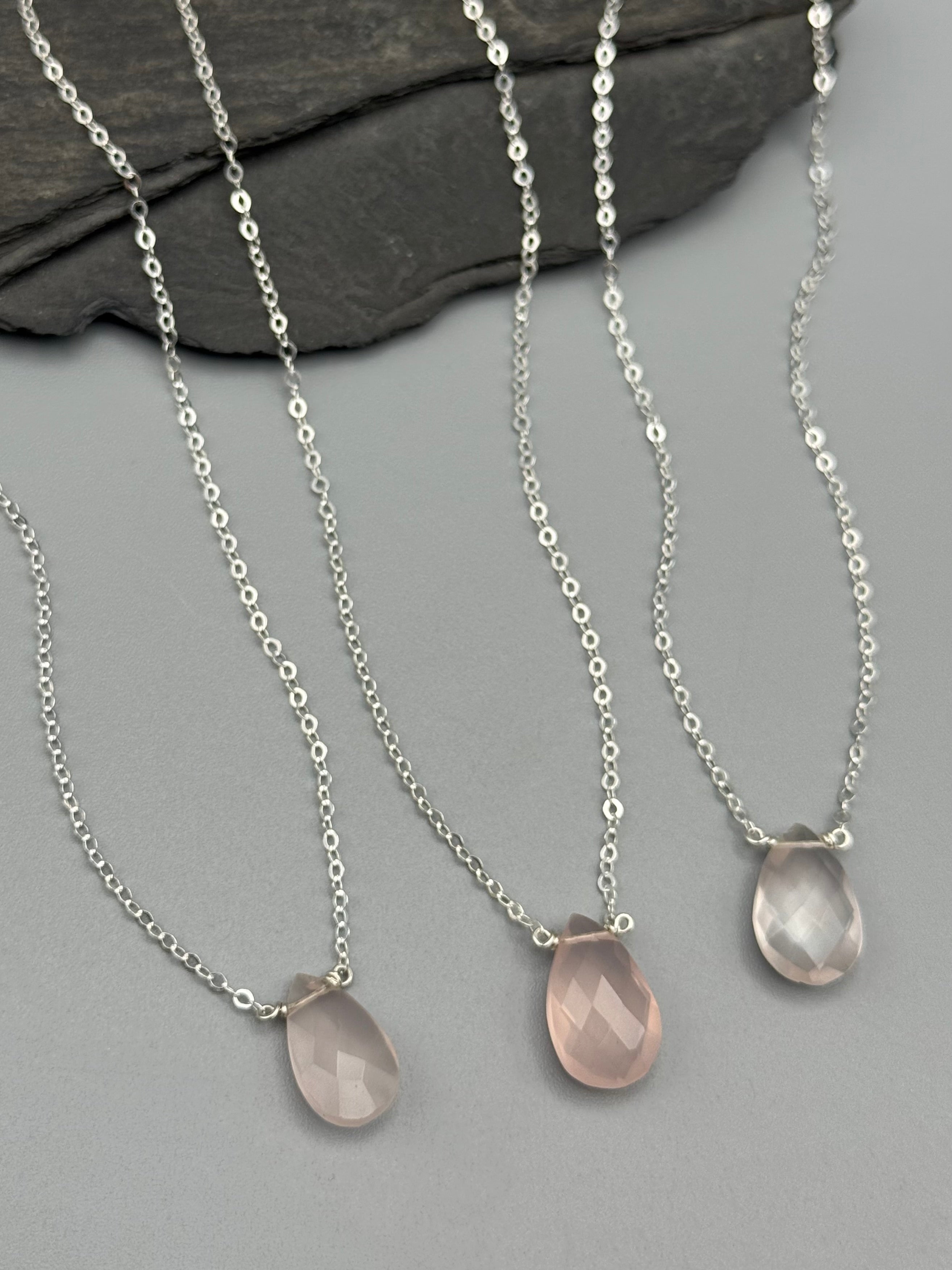 •STRAY• faceted rose quartz teardrop + silver necklace (various lengths)