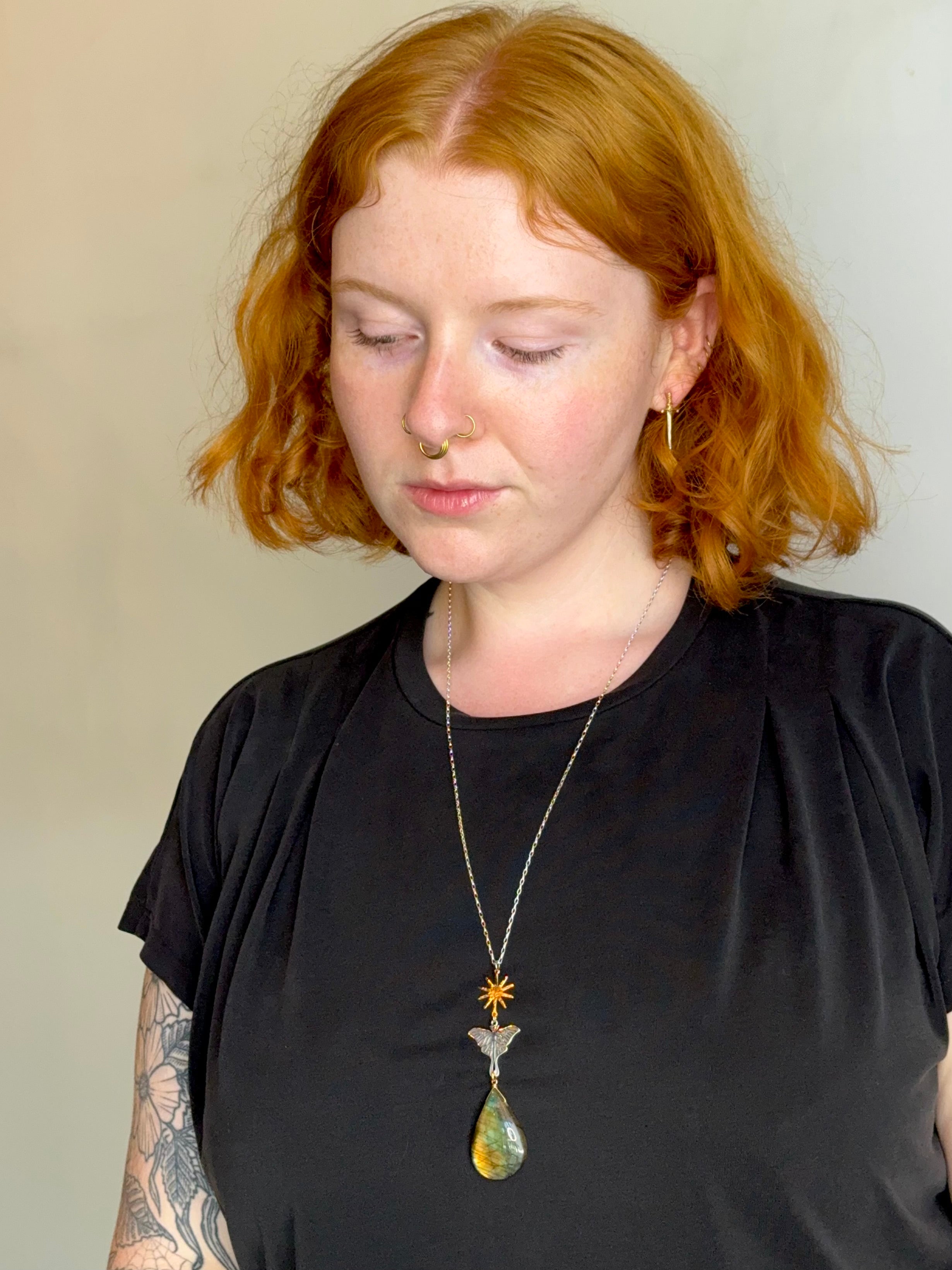 •GUIDE• labradorite + moth + mixed metal necklace (26"-28" long)