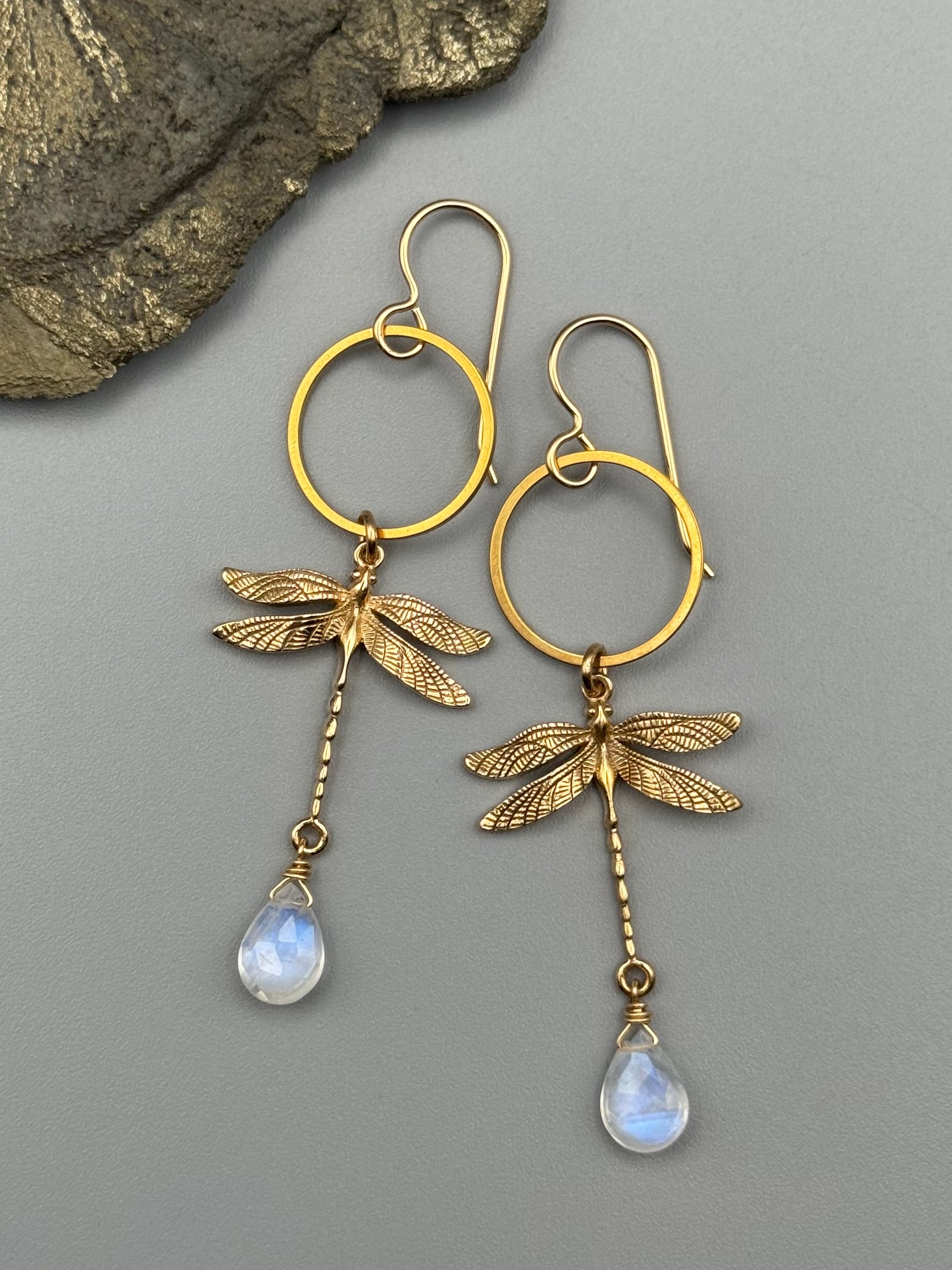 •ODONATA• rainbow moonstone + gold earrings