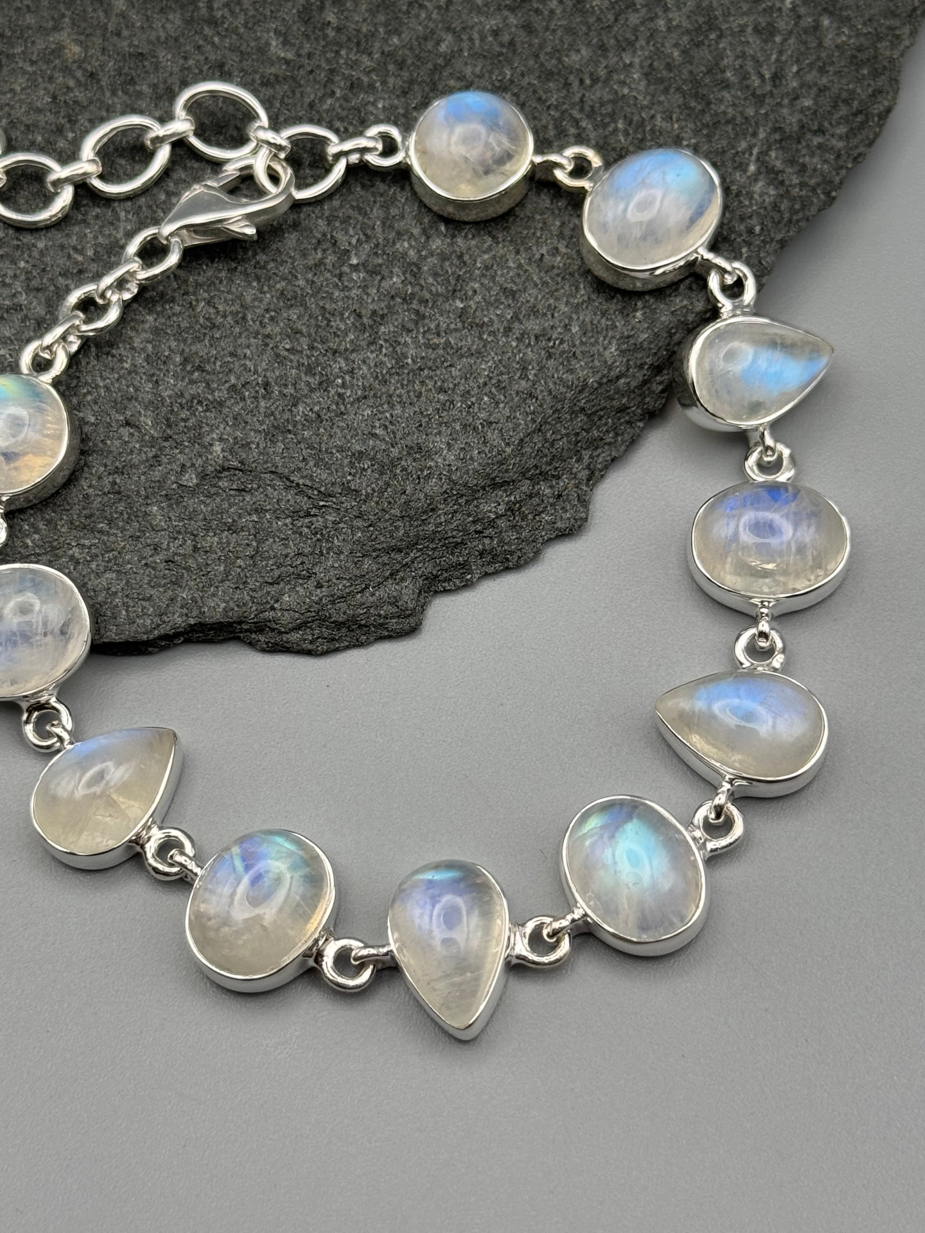 •RAINBOW MOONSTONE - GEO MIX• linked silver bracelet (7.5" - 9")