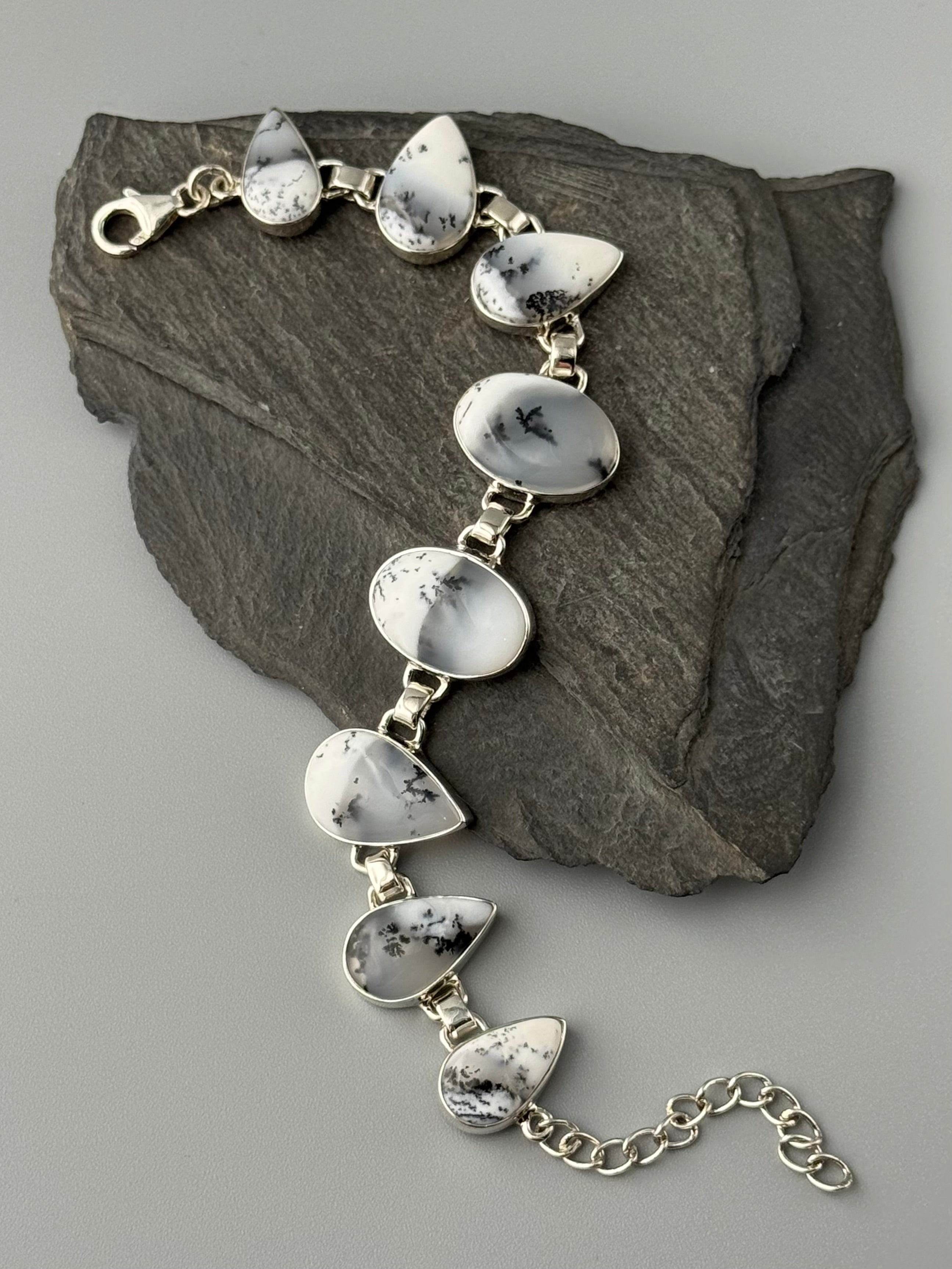 •DENDRITIC OPAL - GEO MIX• linked silver bracelet (6.25" - 7.5")