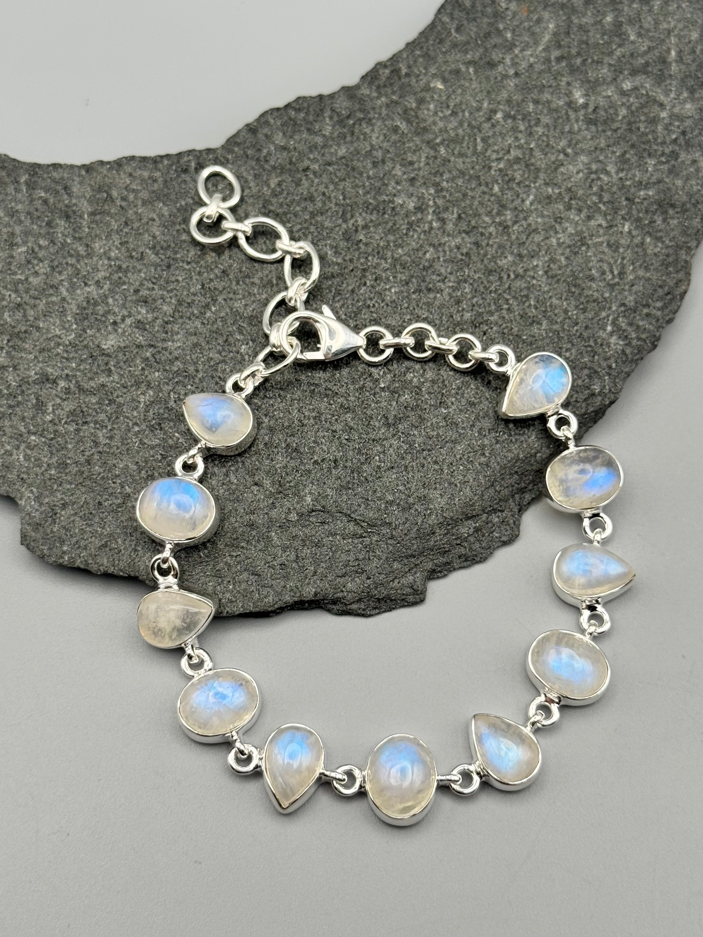 •RAINBOW MOONSTONE - LIL' GEO MIX• linked silver bracelet (7.25" - 9")