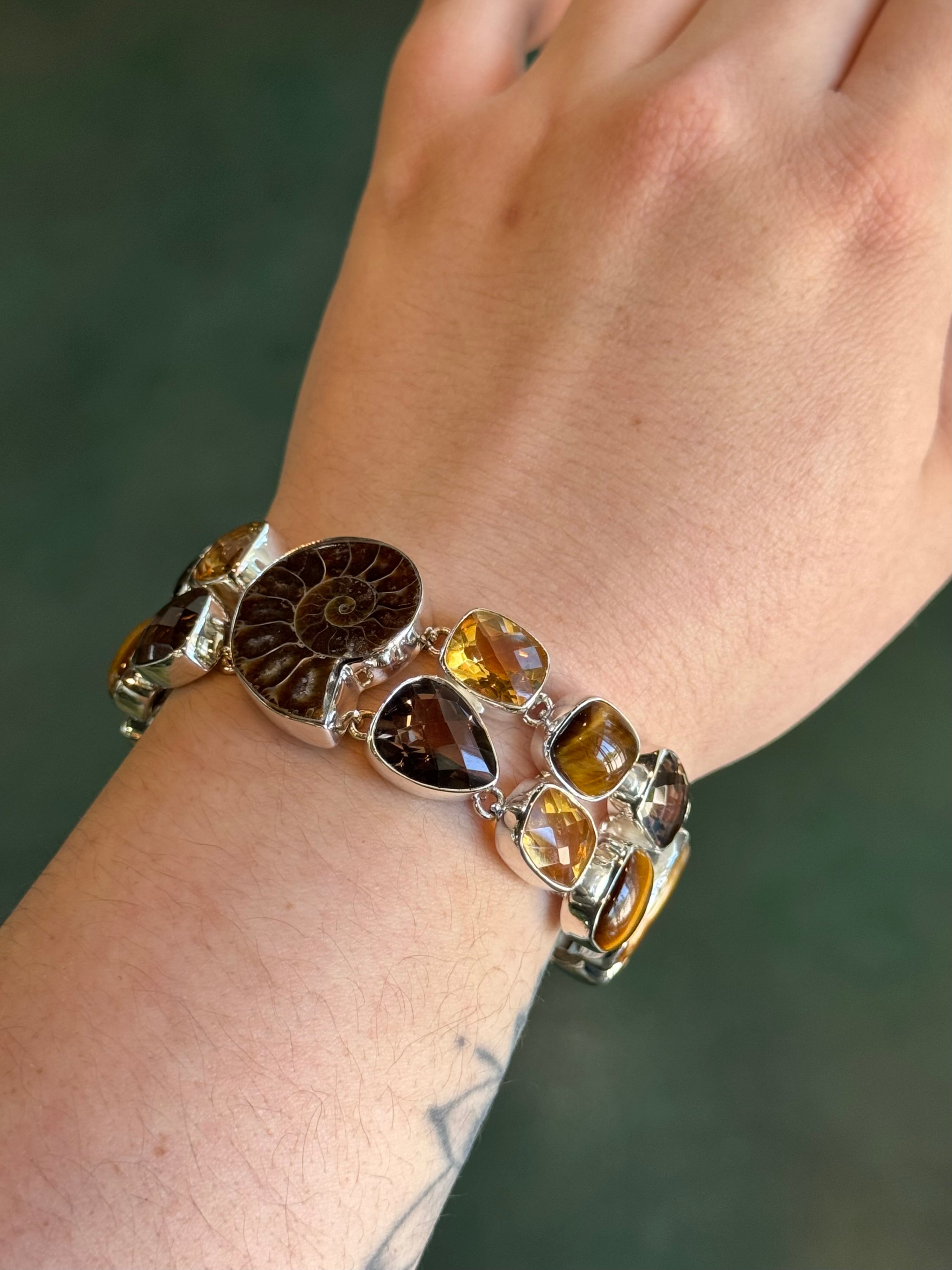•AMMONITE - MULTI-STONE• linked silver bracelet (7.25" - 8.5")