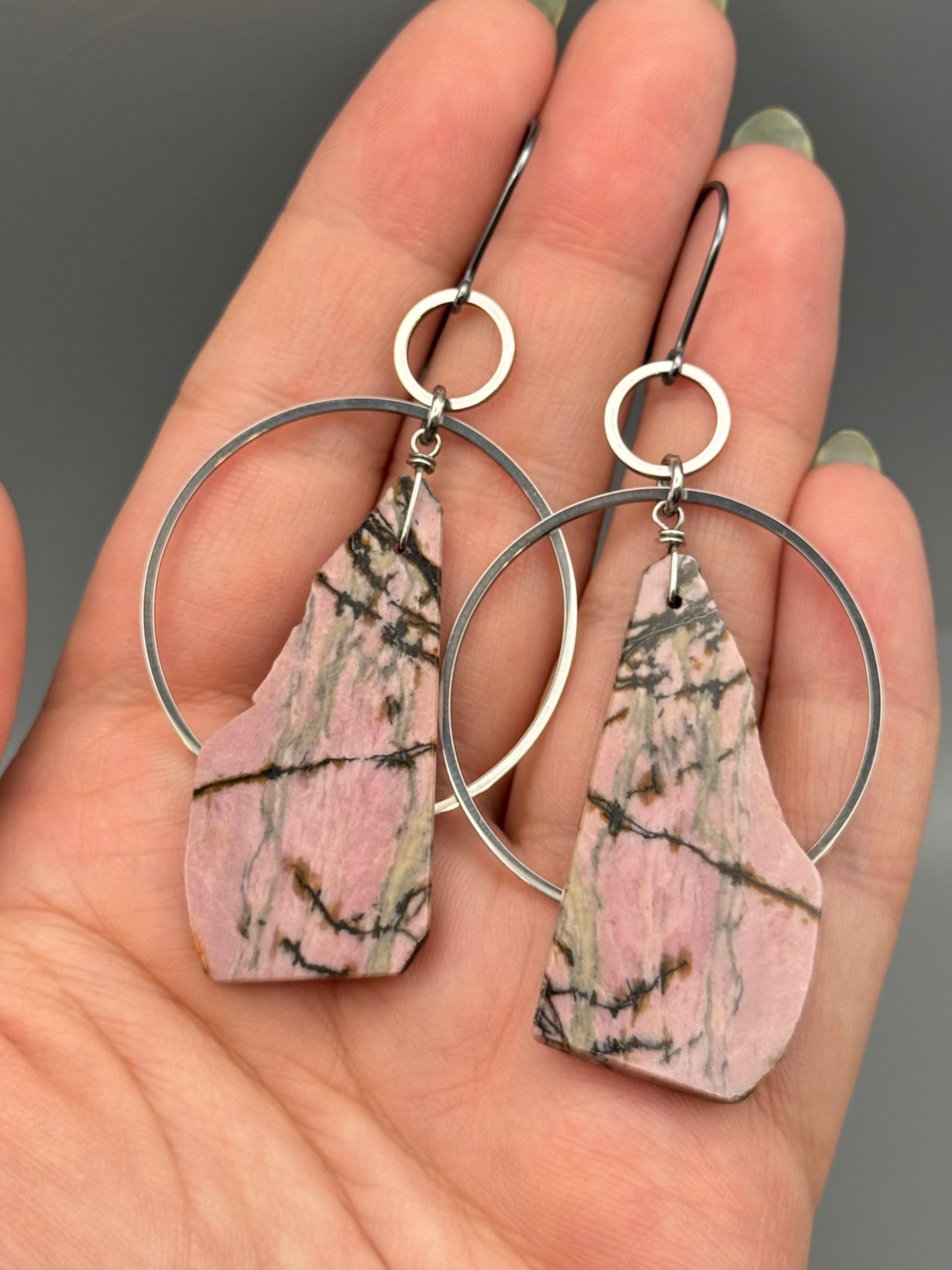 •EQUA-ORBIT• rhodonite slab + silver earrings