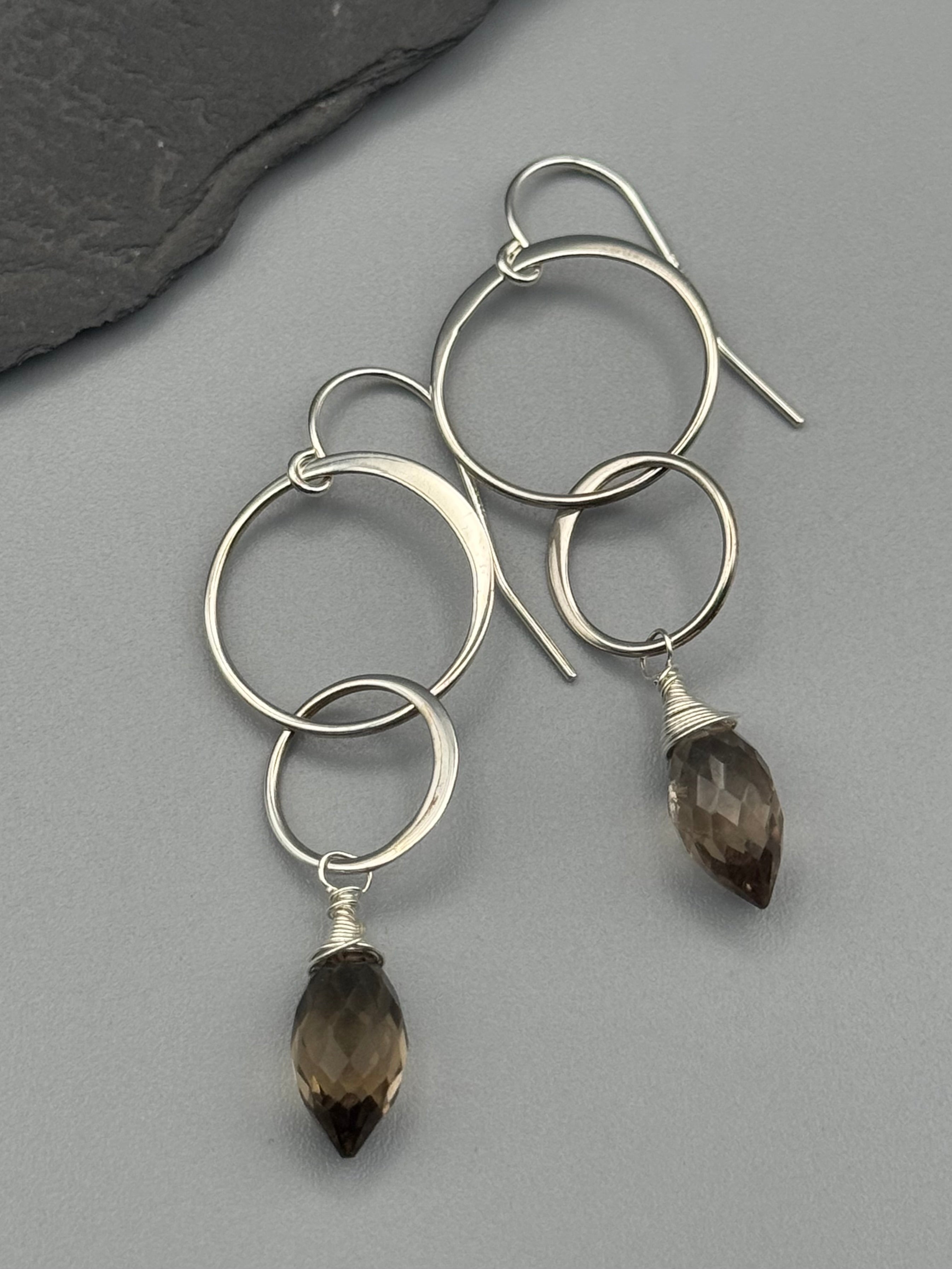•DOUBLE HOOP• smoky quartz + silver earrings