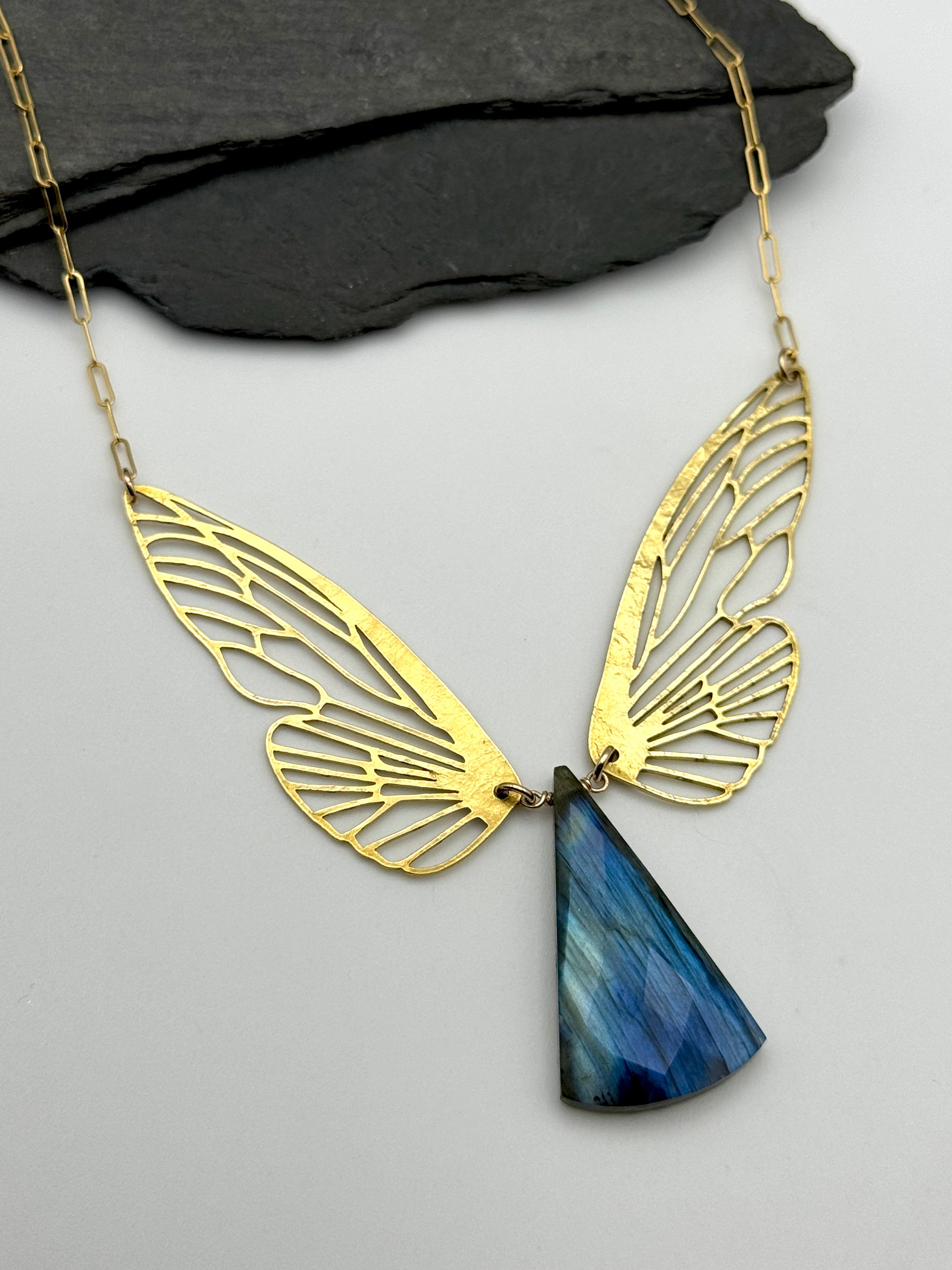 •METAMORPH• labradorite + wings + gold necklace (18"-20" long)