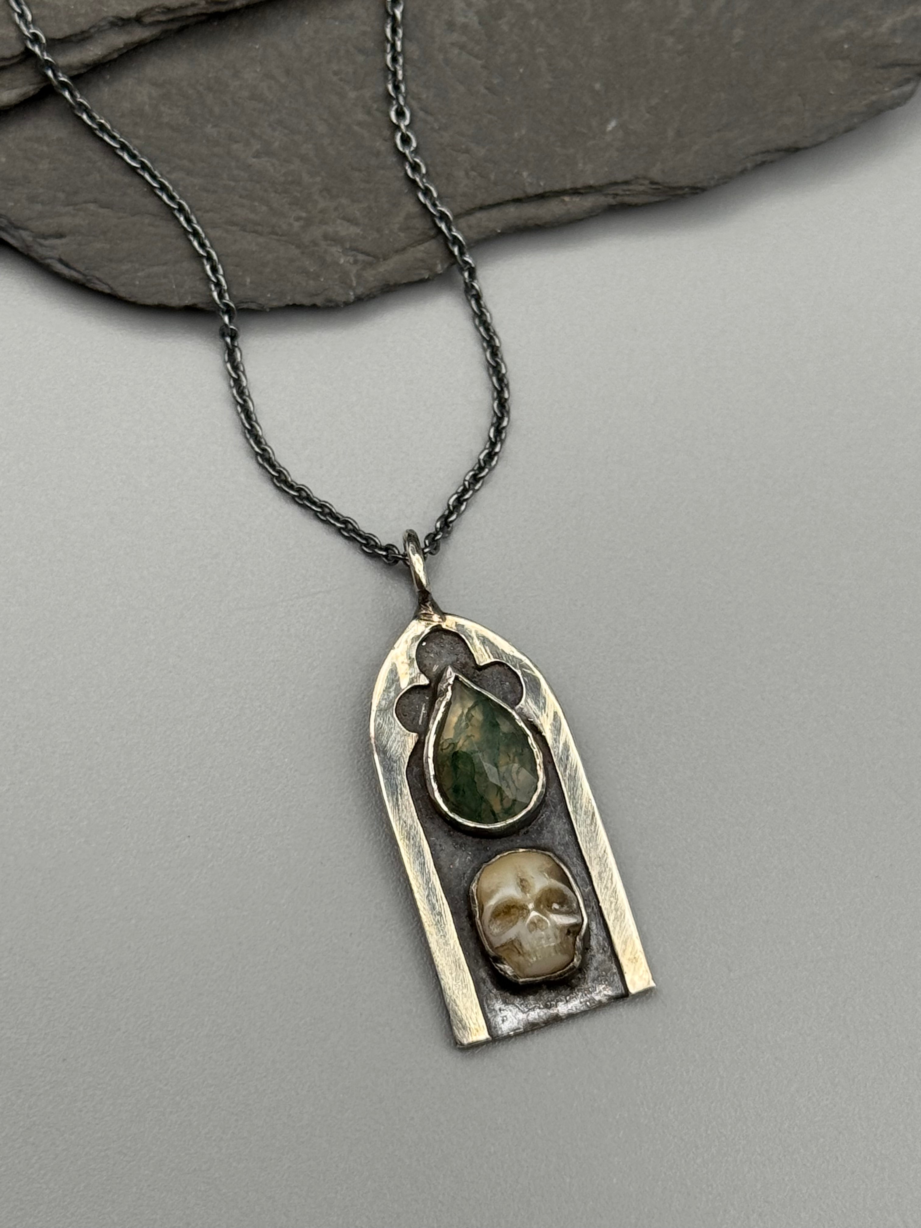 •GOTHIC SKULL• moss agate + mother of pearl + silver necklace (19" long)