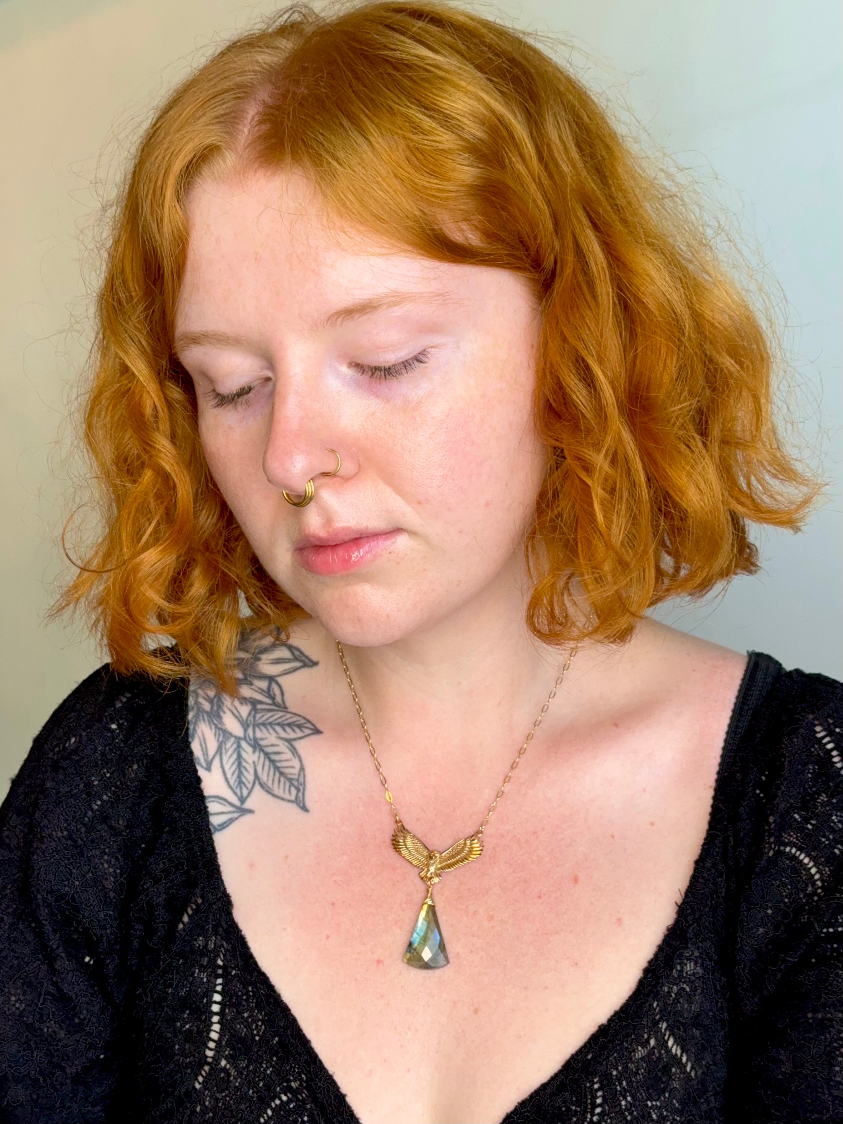 •NOCTURNA• labradorite + owl + gold necklace (18"-20" long)