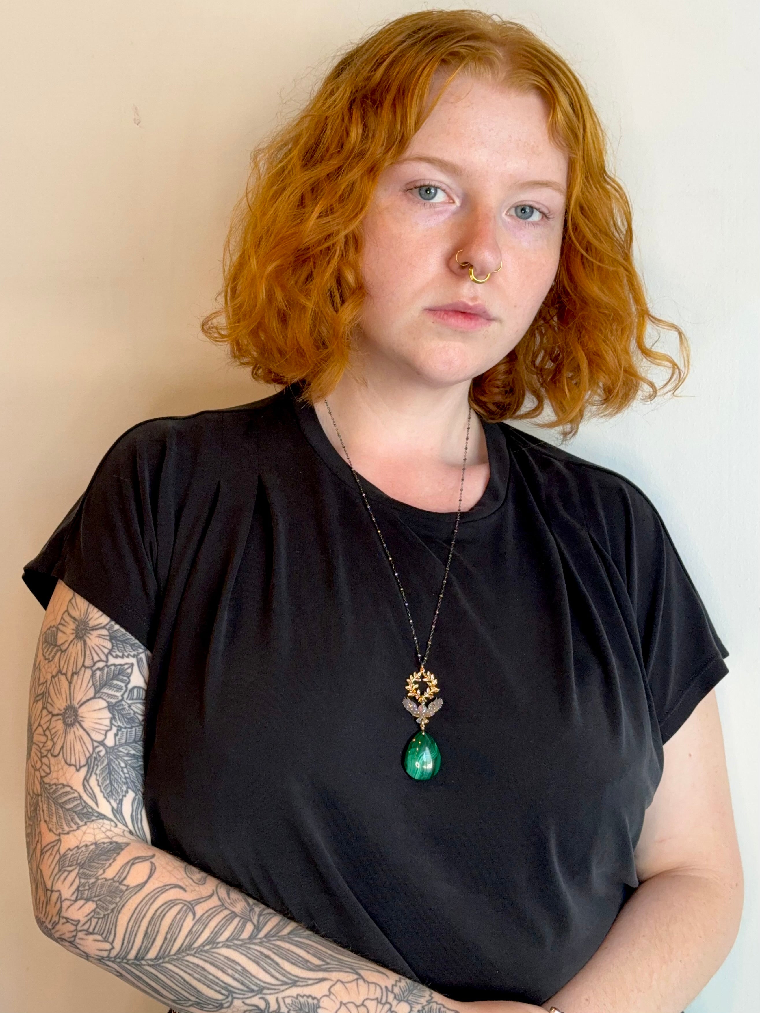 •NOCTURNAL ALCHEMY• malachite + owl + mixed metal necklace (26"-28" long)