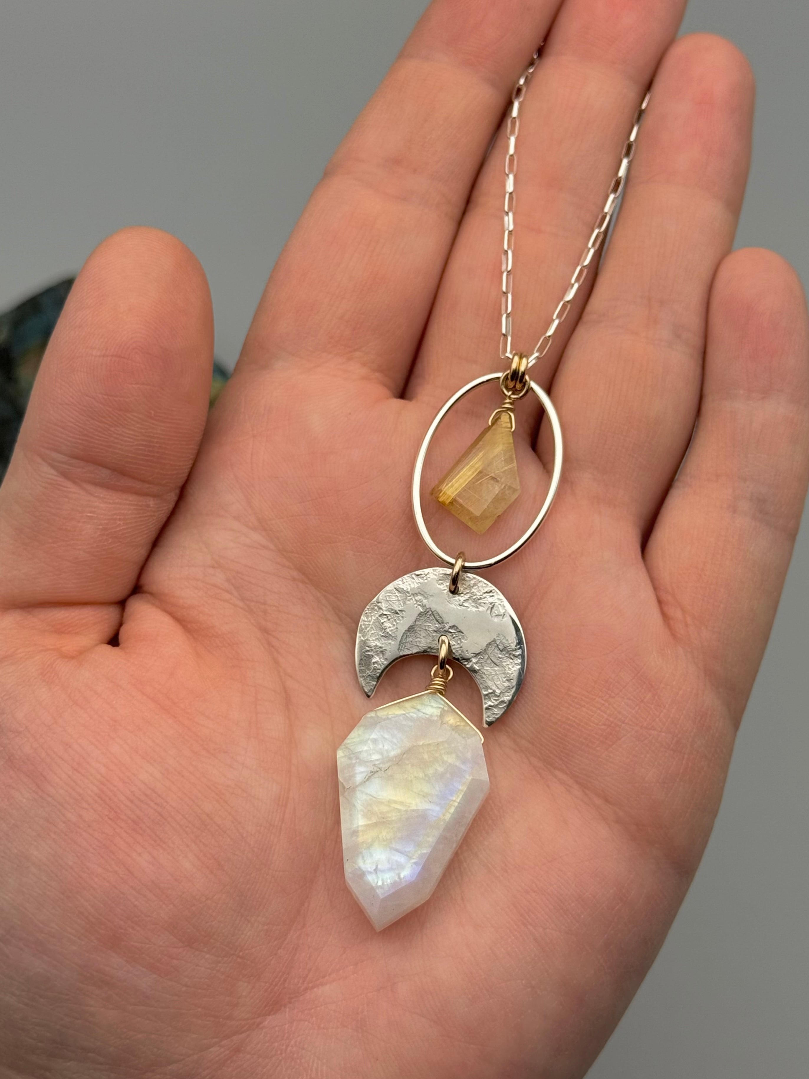 •NYX• rutilated quartz + rainbow moonstone petal mixed metal necklace (26"-28" long)