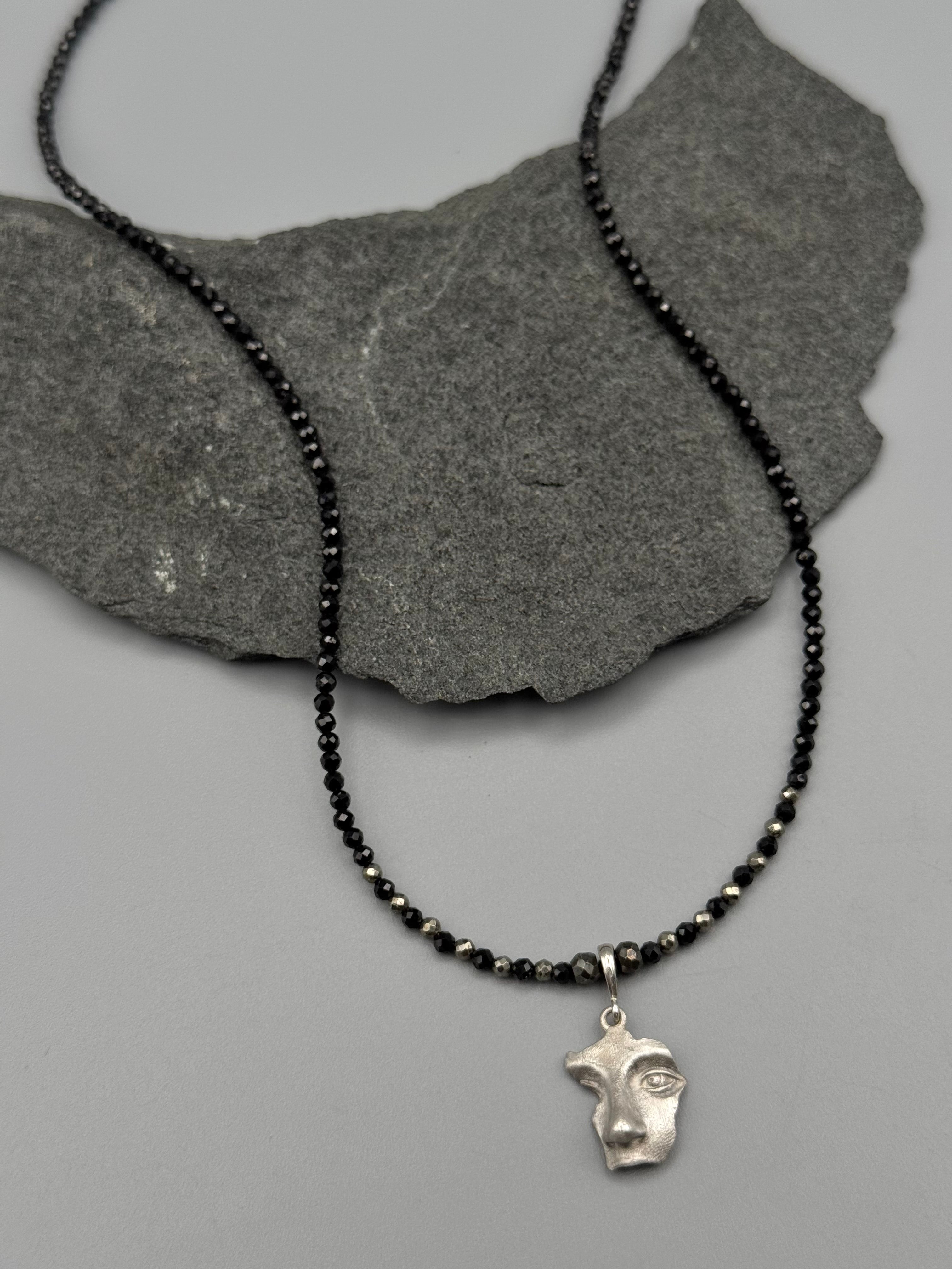 •BLACK SPINEL + PYRITE - ORACLE• silver beaded necklace (17.5" long)