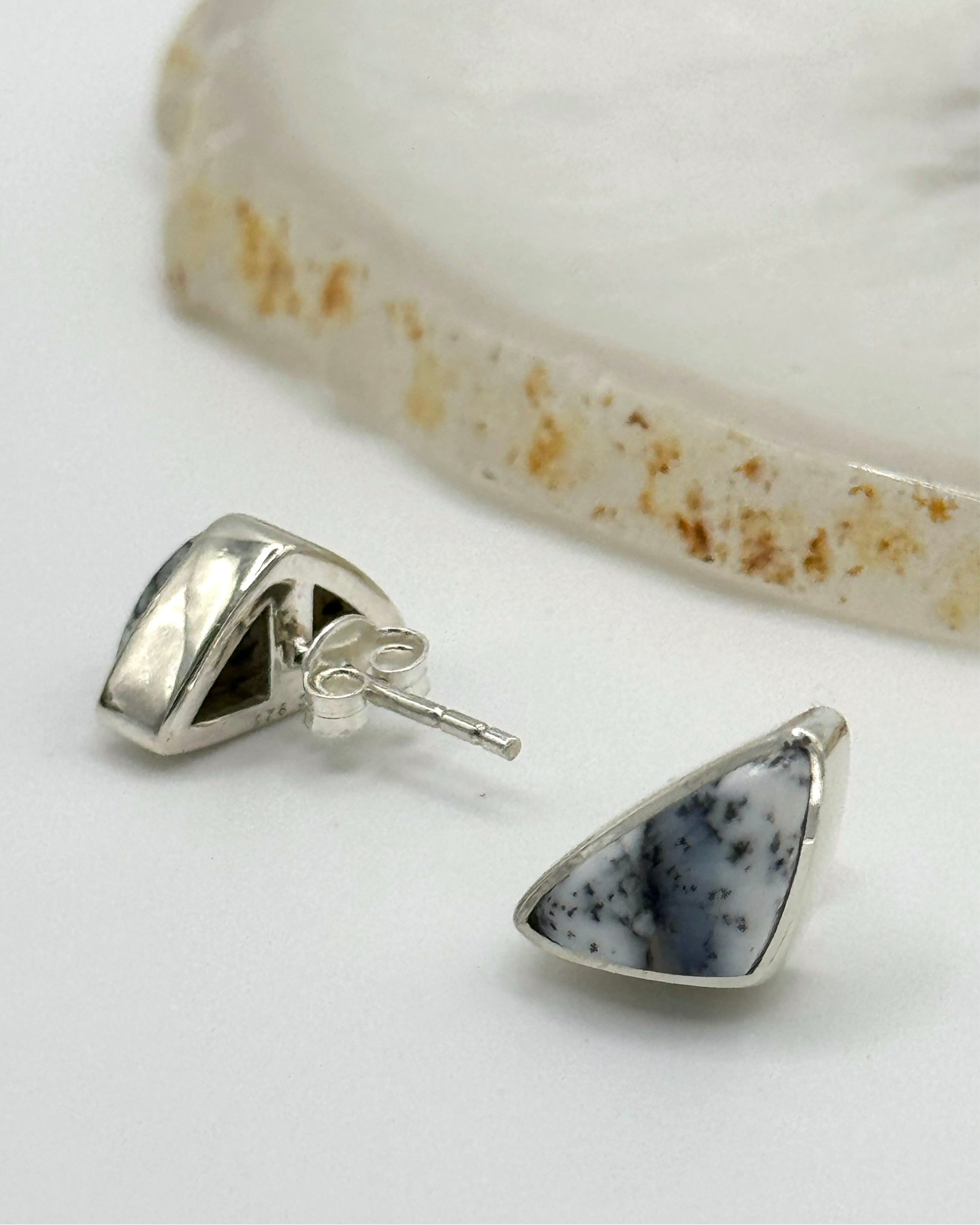 •DENDRITIC OPAL - SOFT TRIANGLE• silver bezel set stud earrings