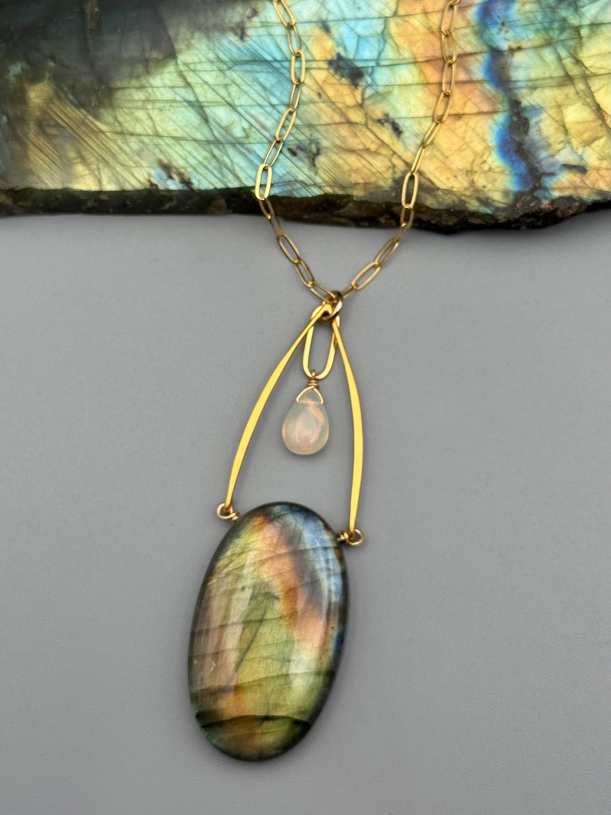 •AEON• labradorite + opal gold necklace (17"-19" long)