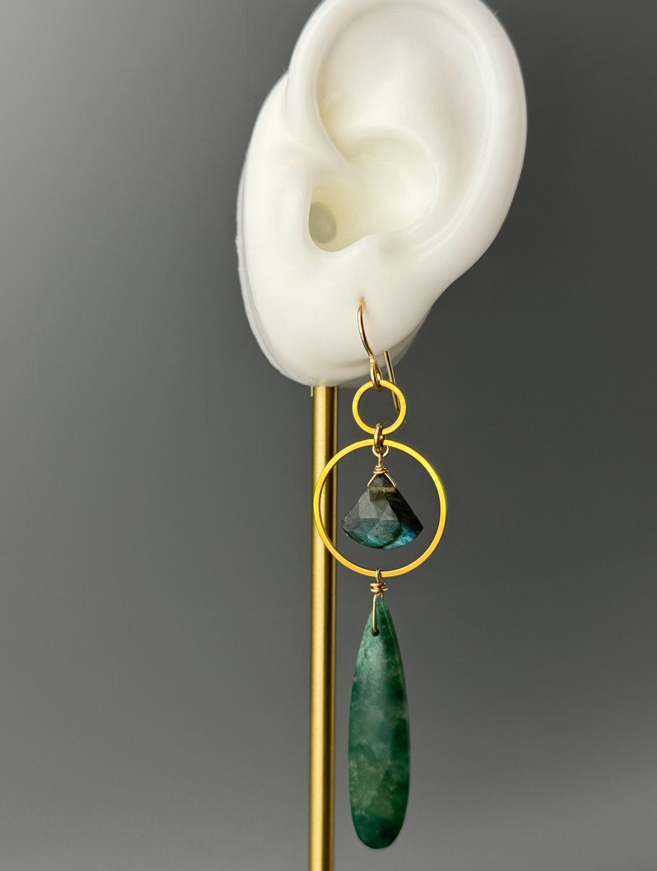 •EQUA-LUNA• labradorite + green mountain jade gold earrings