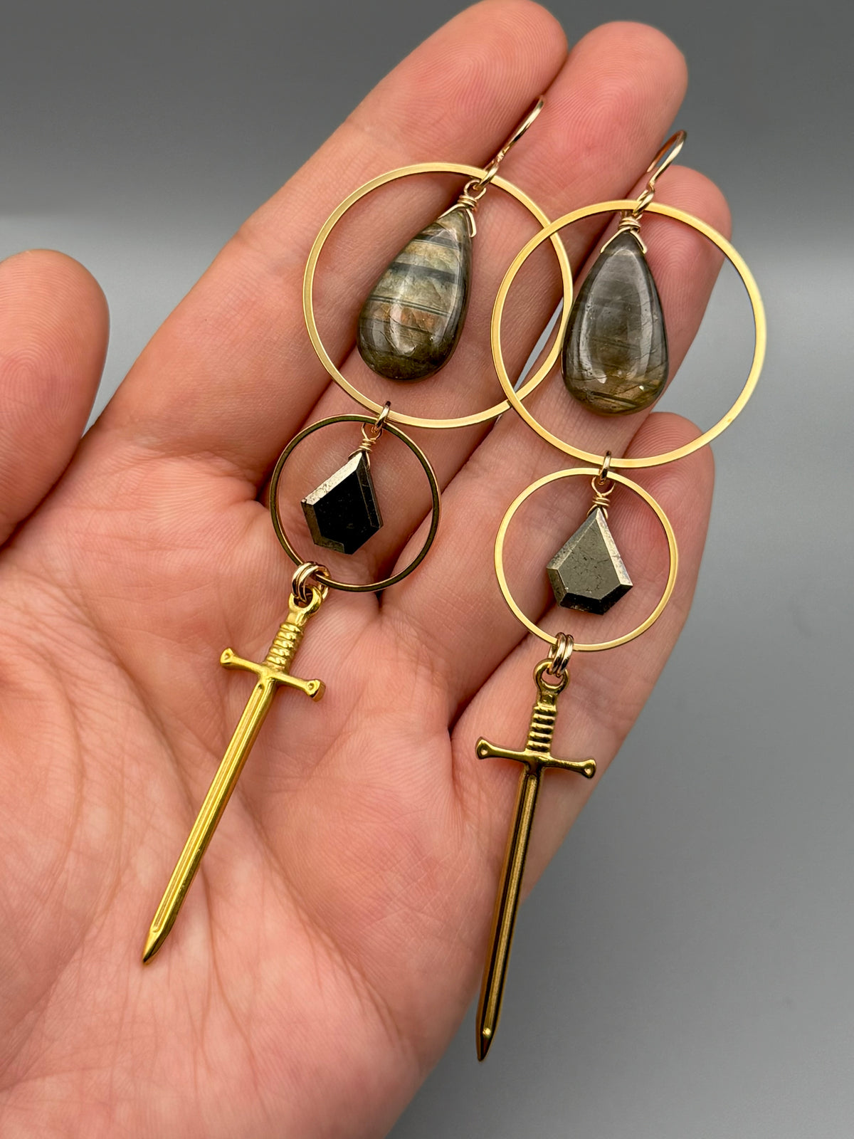 •AELIN• golden labradorite tear + pyrite gold earrings