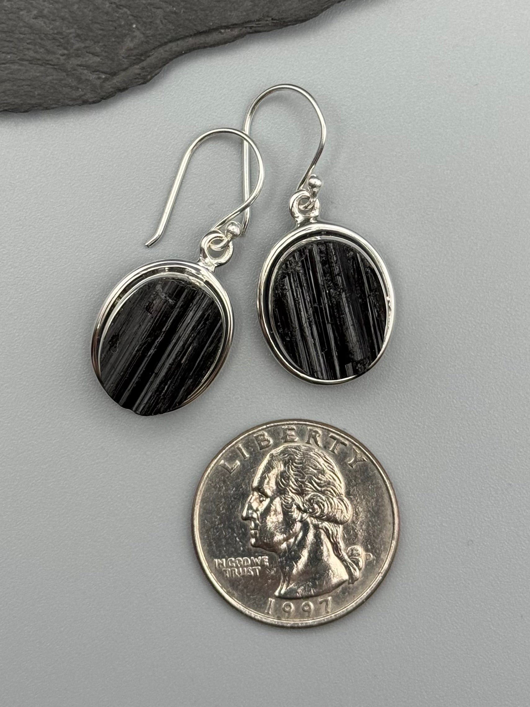 •DOUBLE BEZEL OVAL• black tourmaline + silver dangle earrings