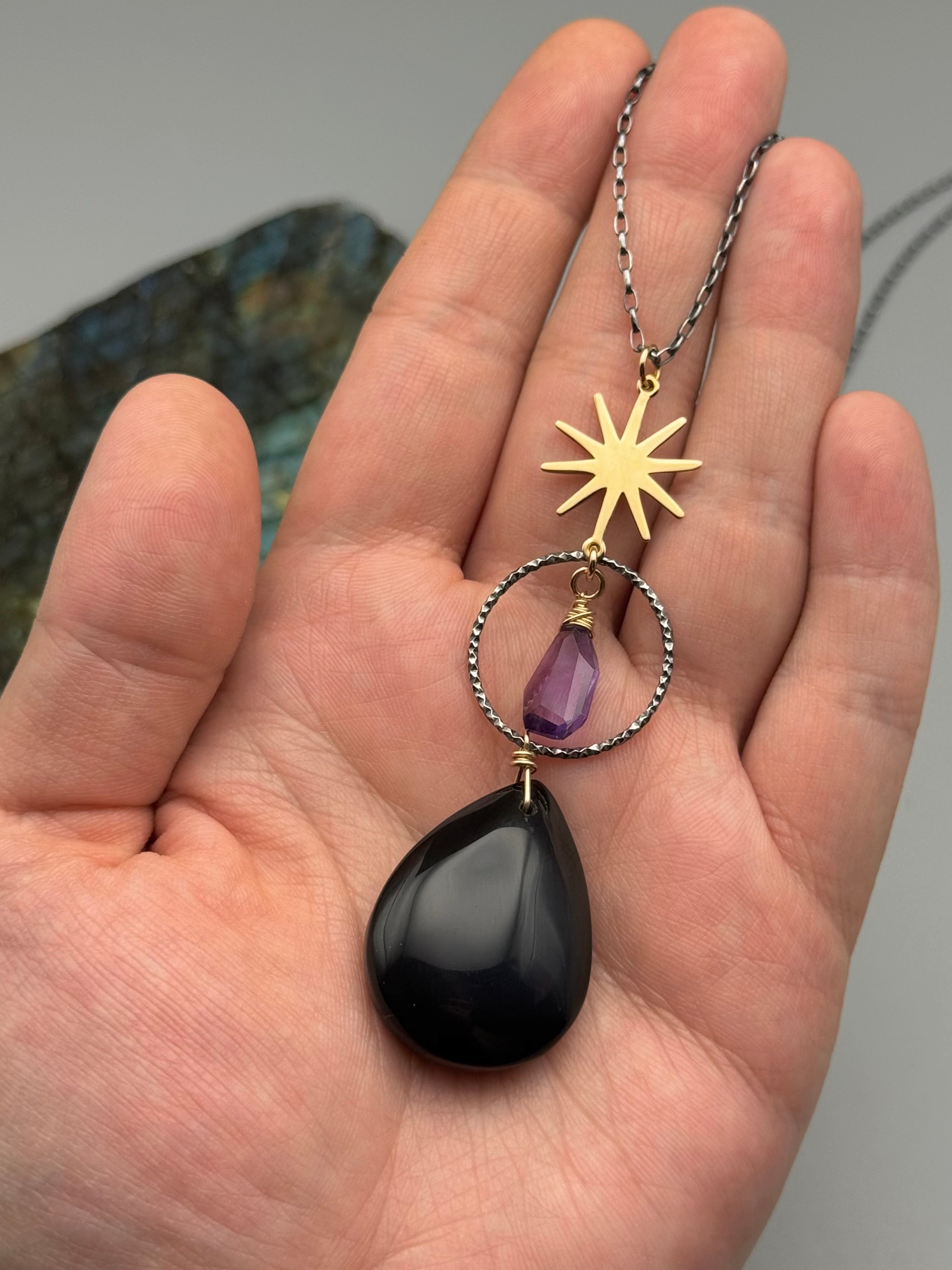 •NYX• rainbow obsidian + amethyst mixed metal necklace (26"-28" long)