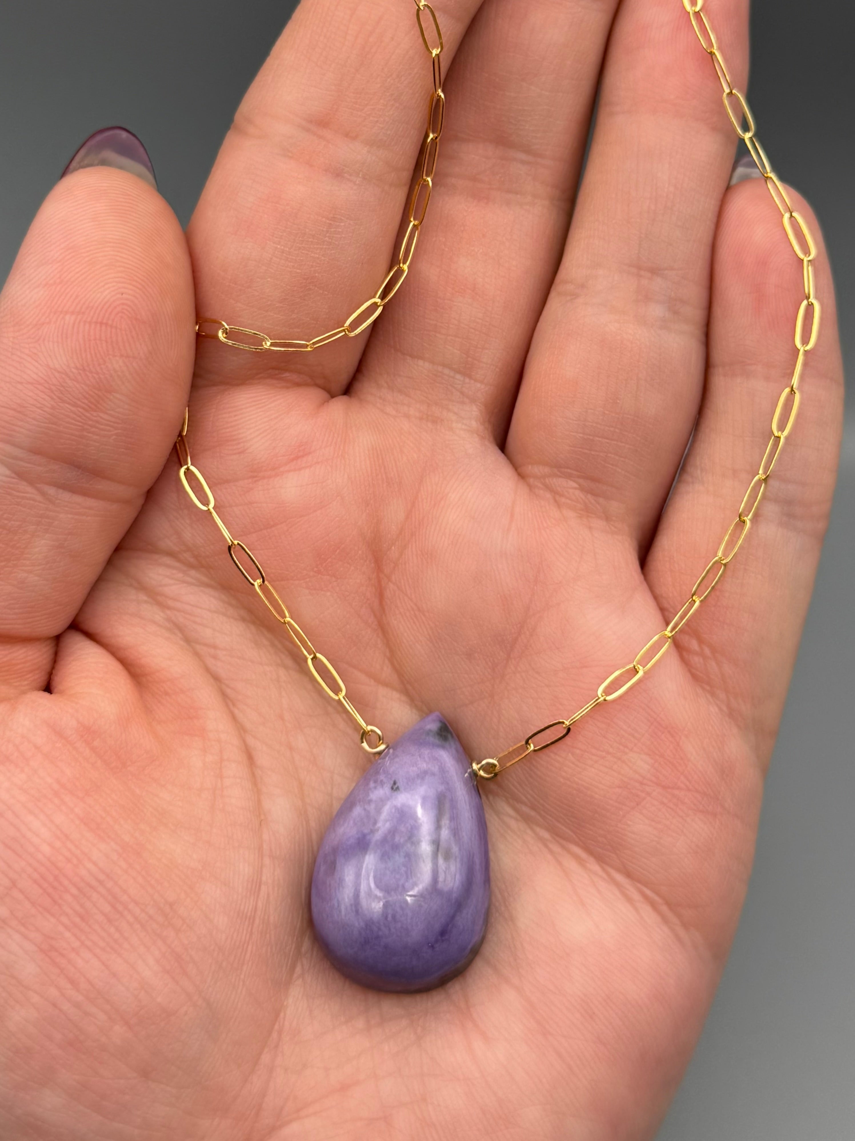 •AEON• charoite tear + gold necklace (16"-18" long)