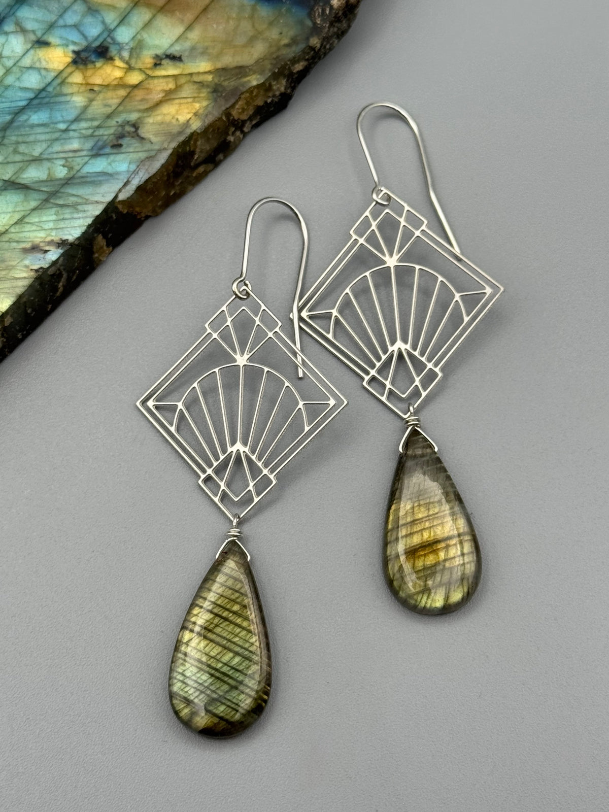 •DECO DIAMOND• golden labradorite tear + silver earrings