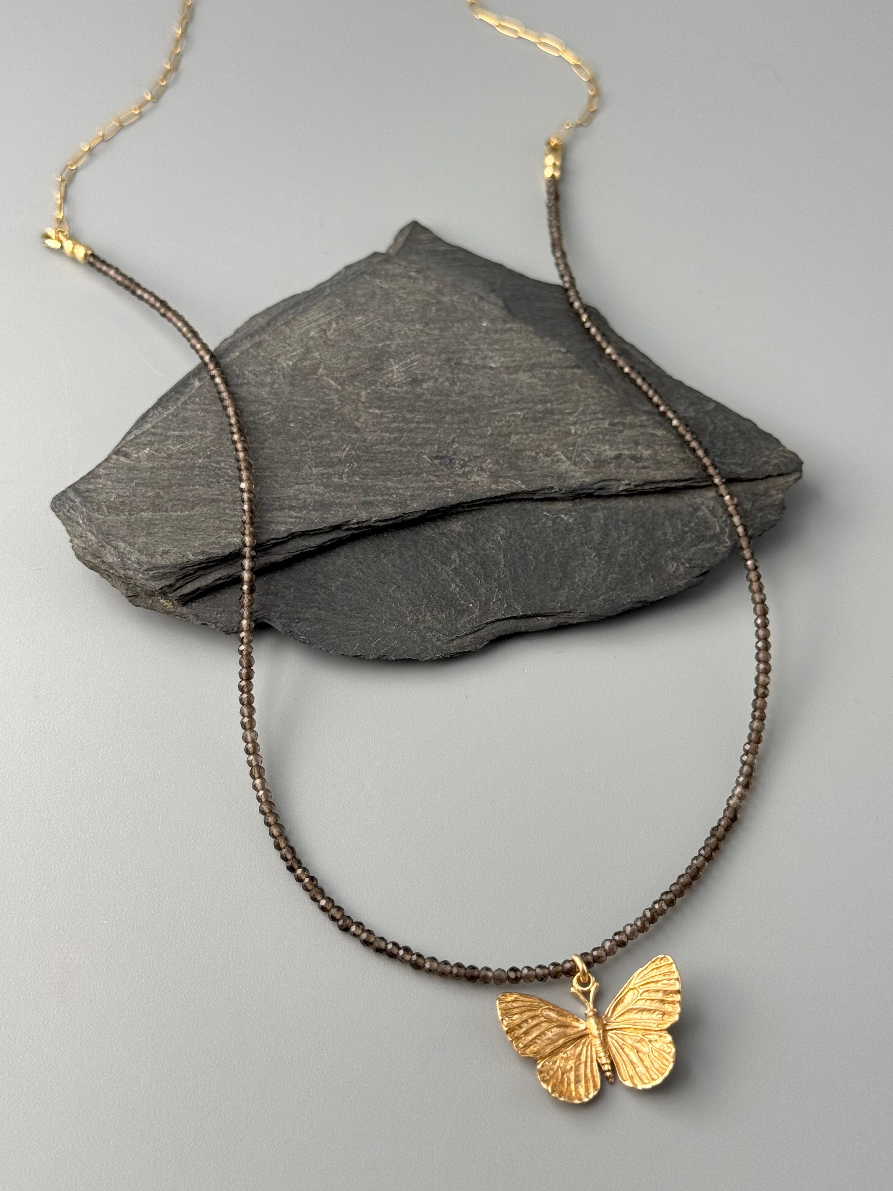 •FLUTTER• smoky quartz + gold beaded necklace (24" long)
