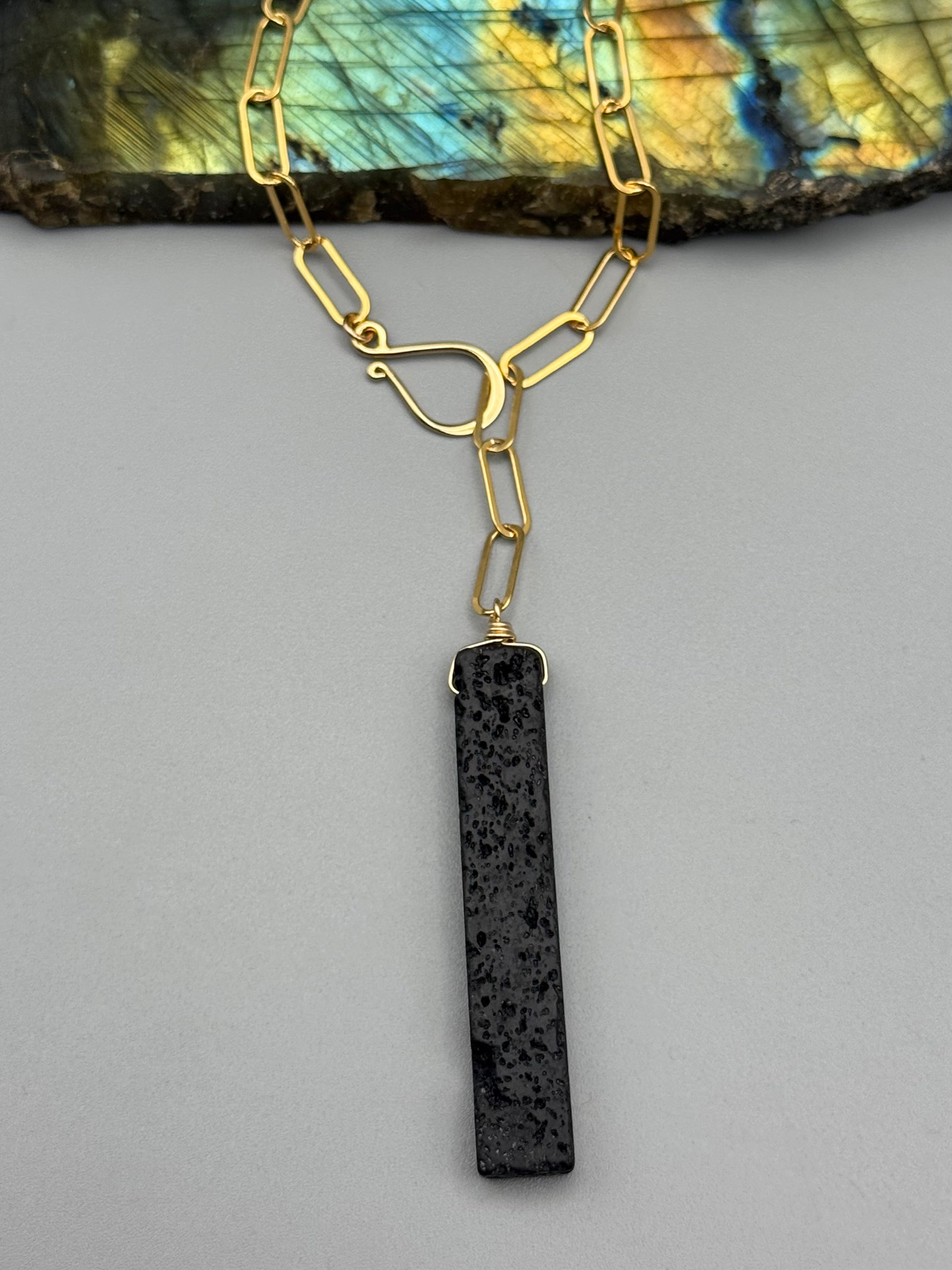 •LINKED• black lava + gold necklace (ADJ to 19")