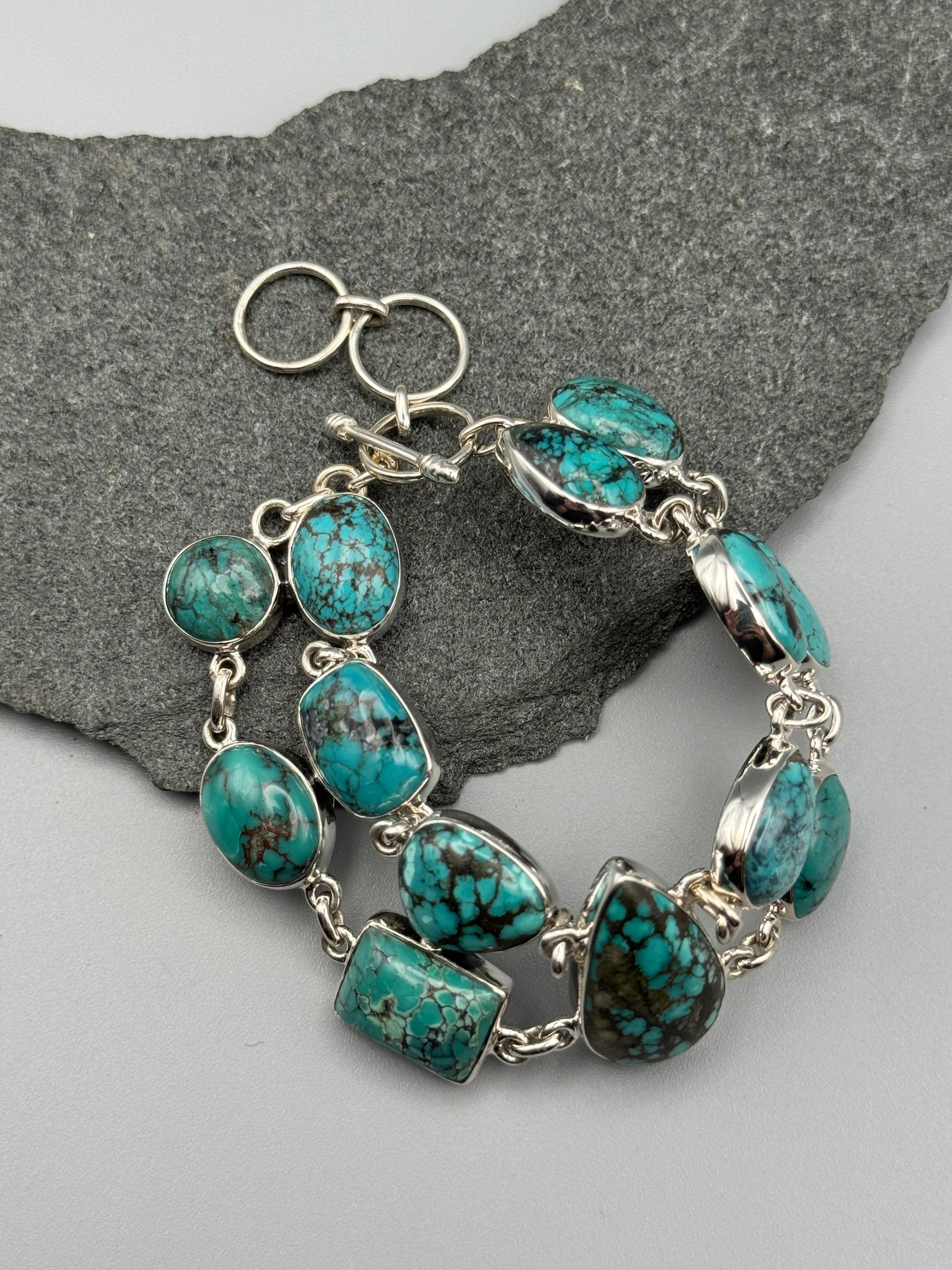 •TIBETAN TURQUOISE - TWOFOLD• linked silver bracelet (7" - 8")