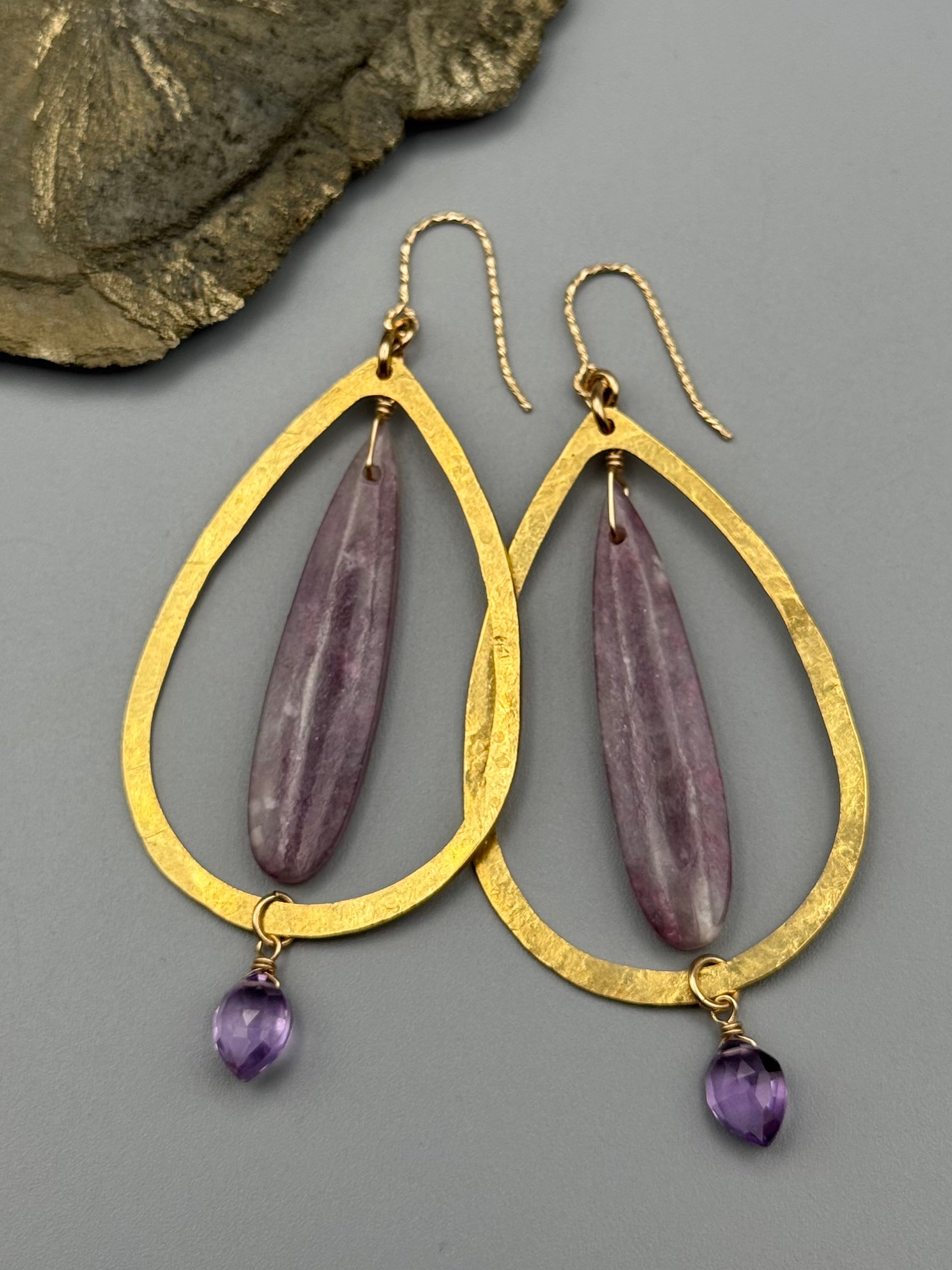 •DRIP DROP• tourmaline in lepidolite + amethyst gold earrings