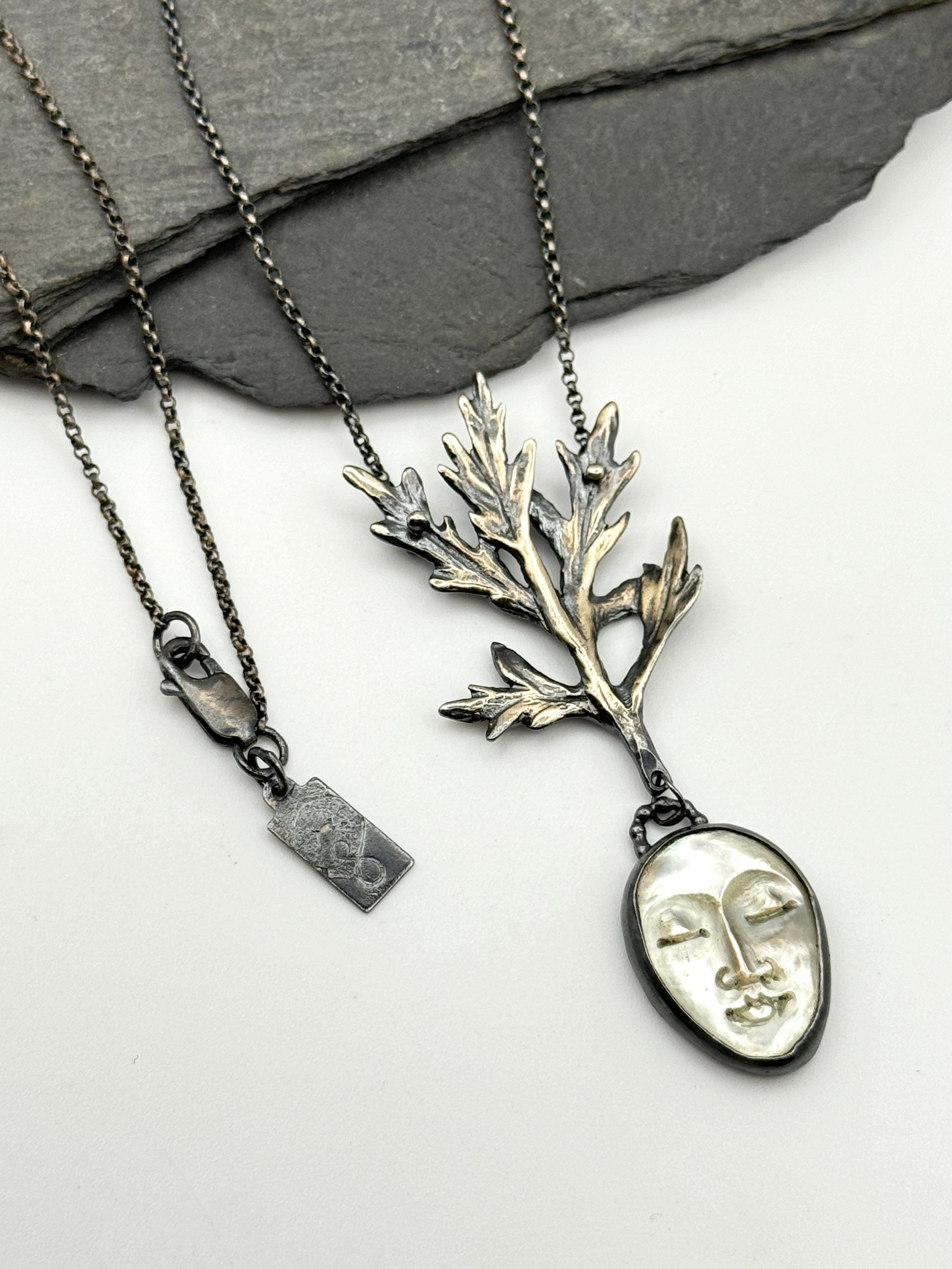 •SWEET LADY MUGWORT• carved mother of pearl + mugwort + silver necklace