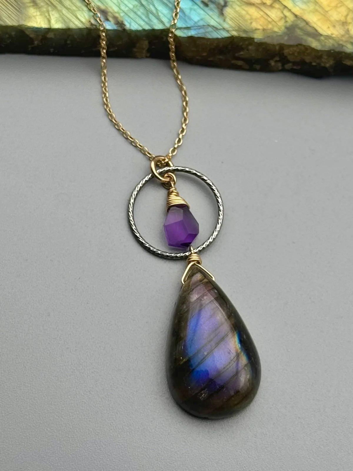 •LUNA• amethyst + labradorite mixed metal necklace (16"-18" long)