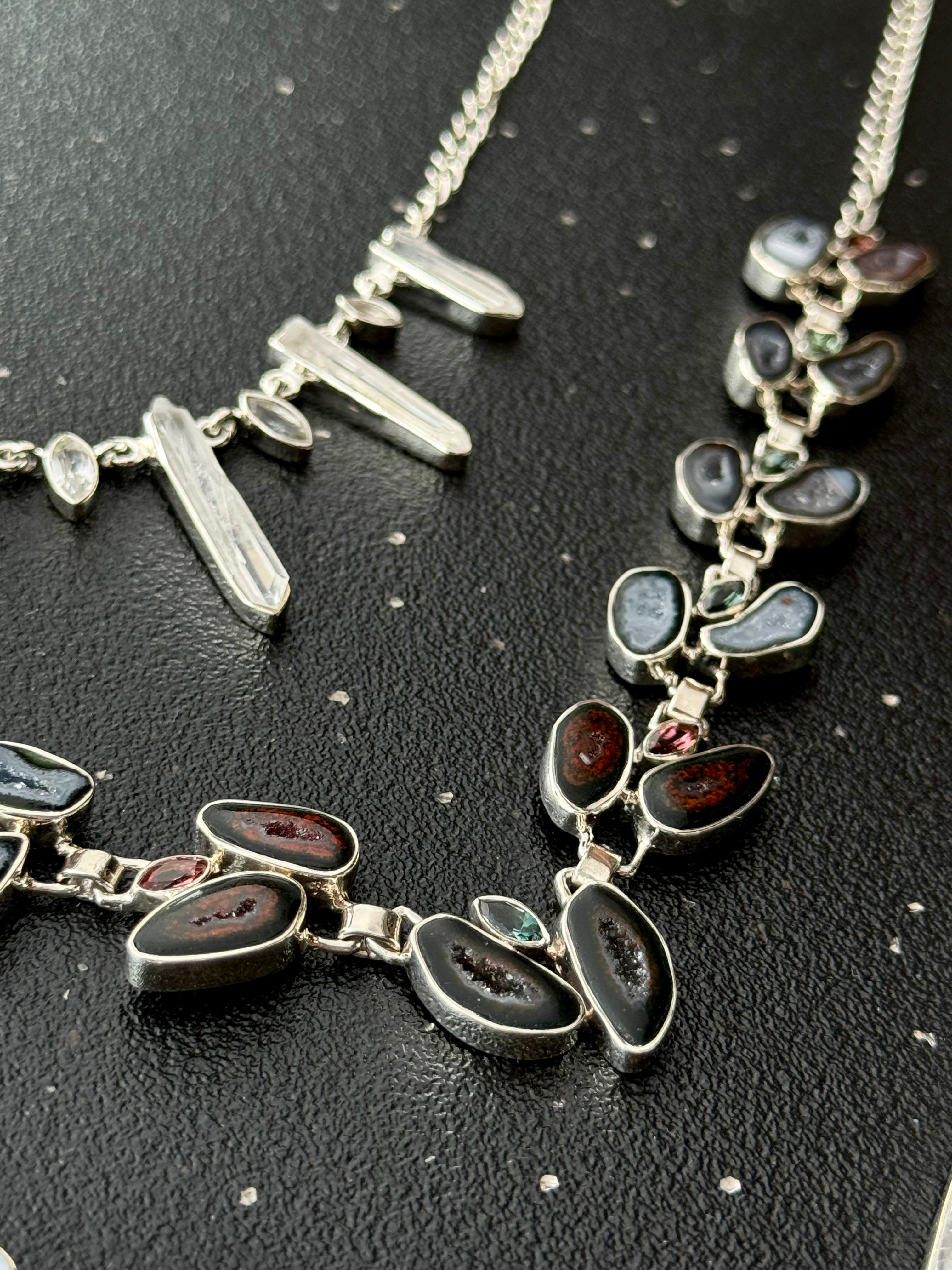 •GEODE DRUZY + TOURMALINE• multi-stone + silver necklace (ADJ to 18")