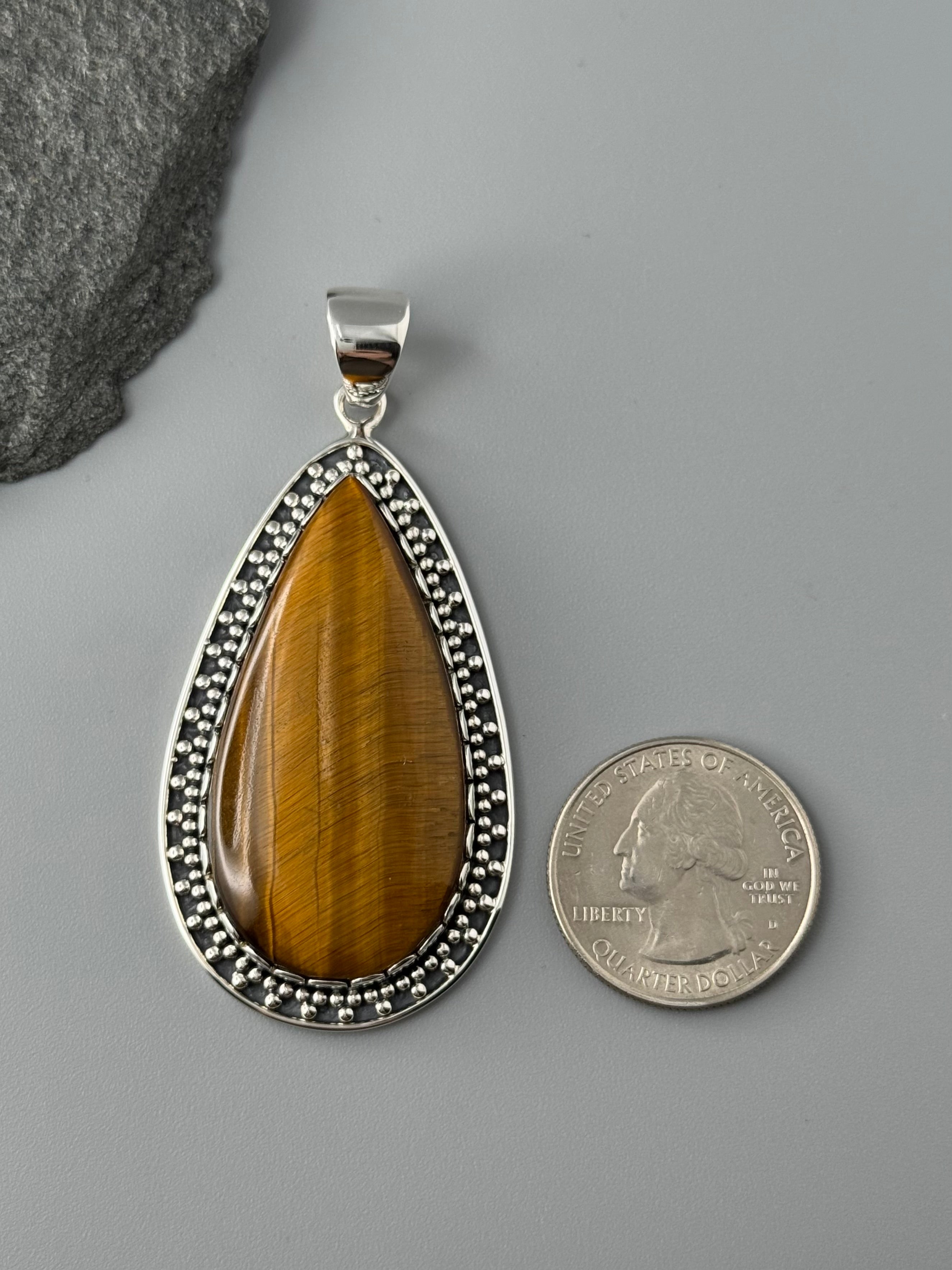 •TIGER EYE TEAR - LOOKING GLASS• sterling silver pendant