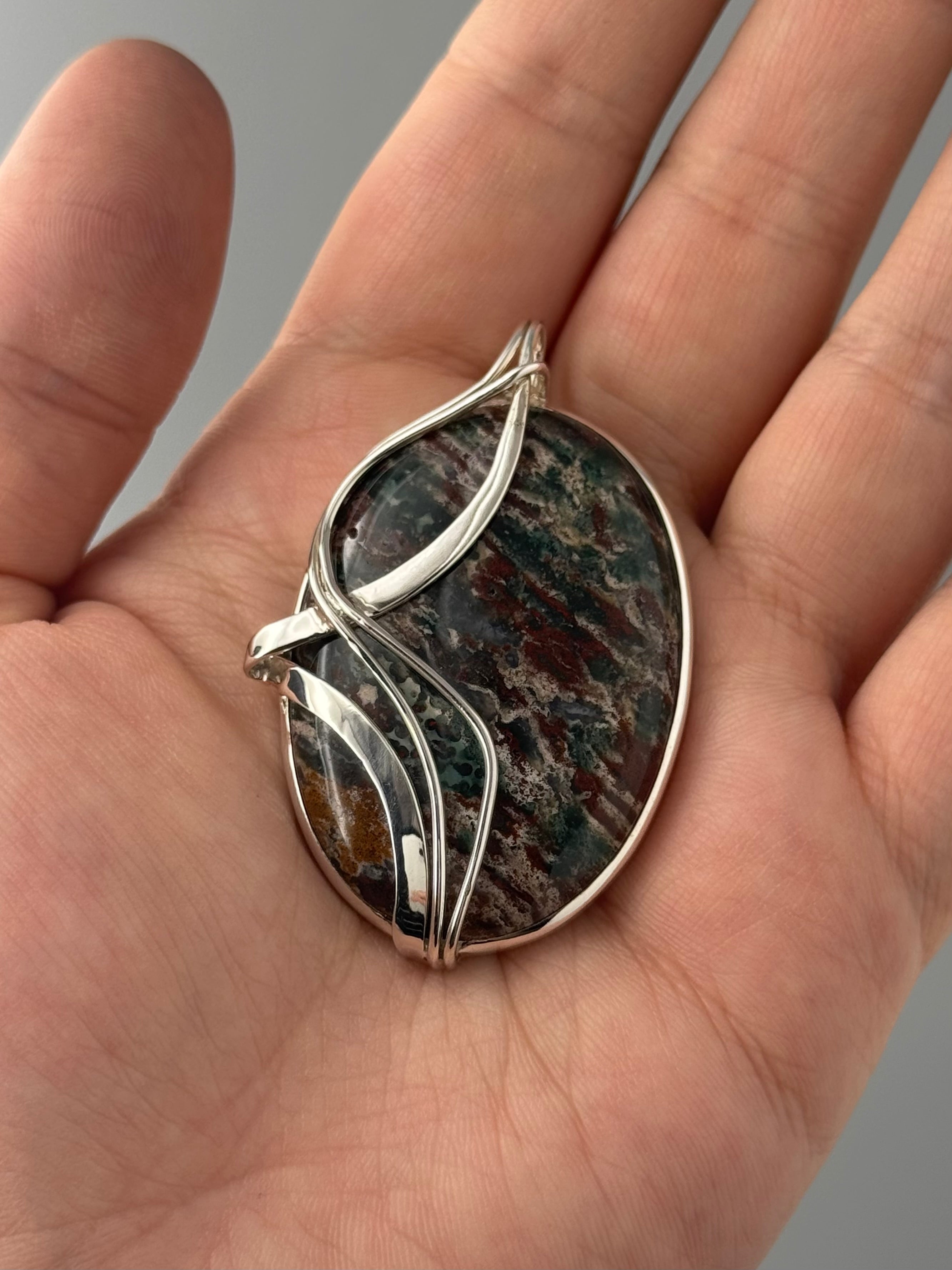 •BLOODSTONE - WIRE WRAPPED OVAL - 1• sterling silver pendant