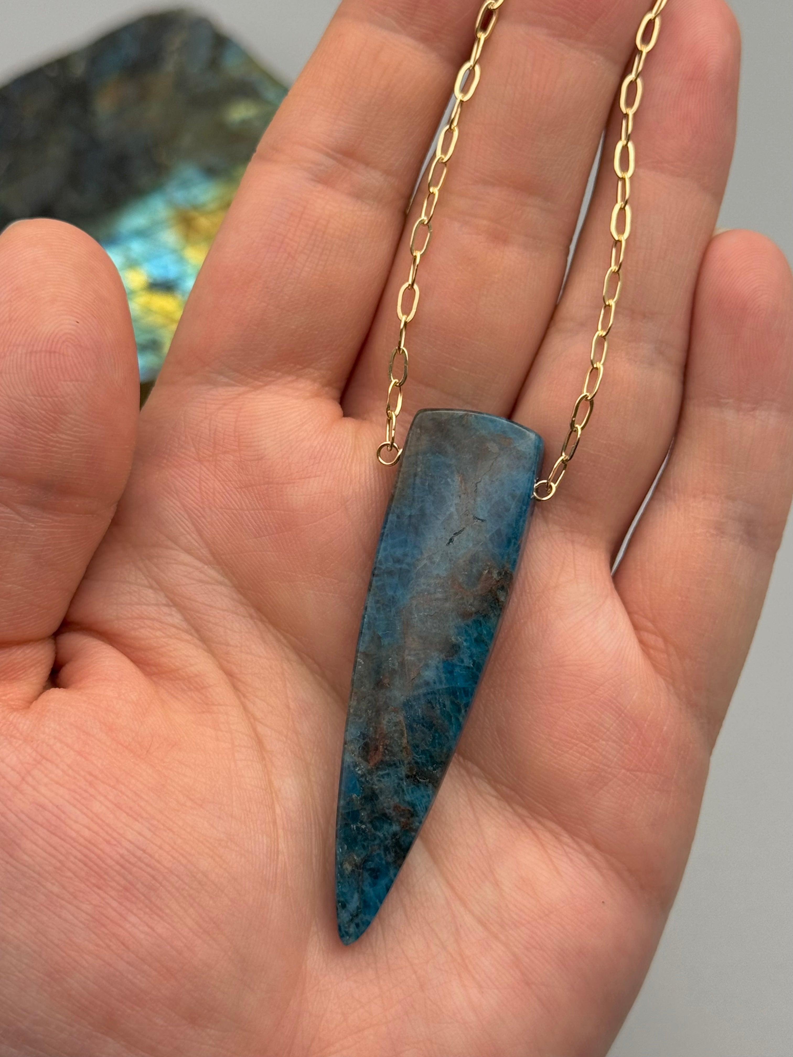 •AEON• blue apatite fang + gold necklace (16"-18" long)
