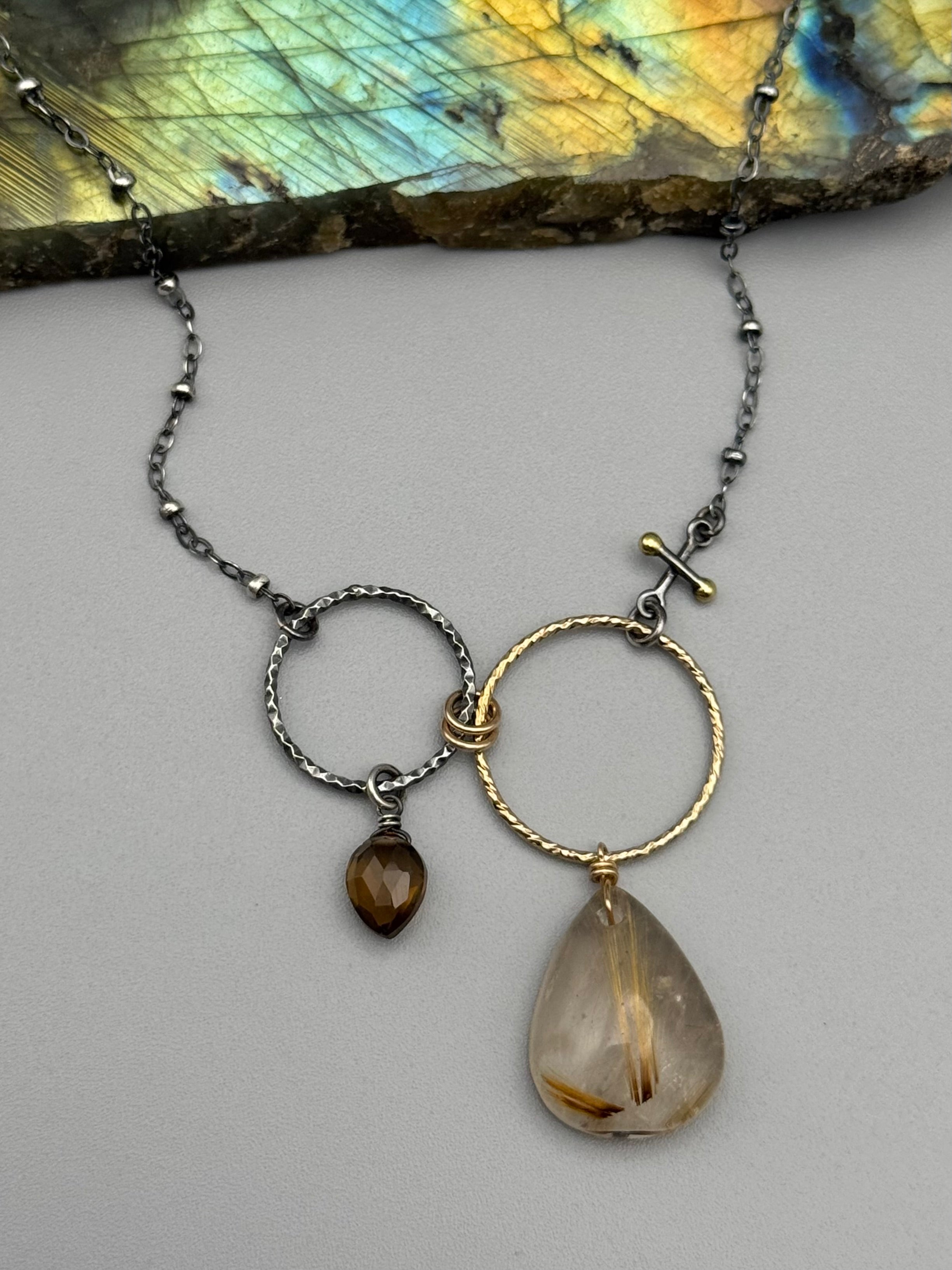 •UNION• honey quartz + rutilated quartz mixed metal necklace (16"-18" long)