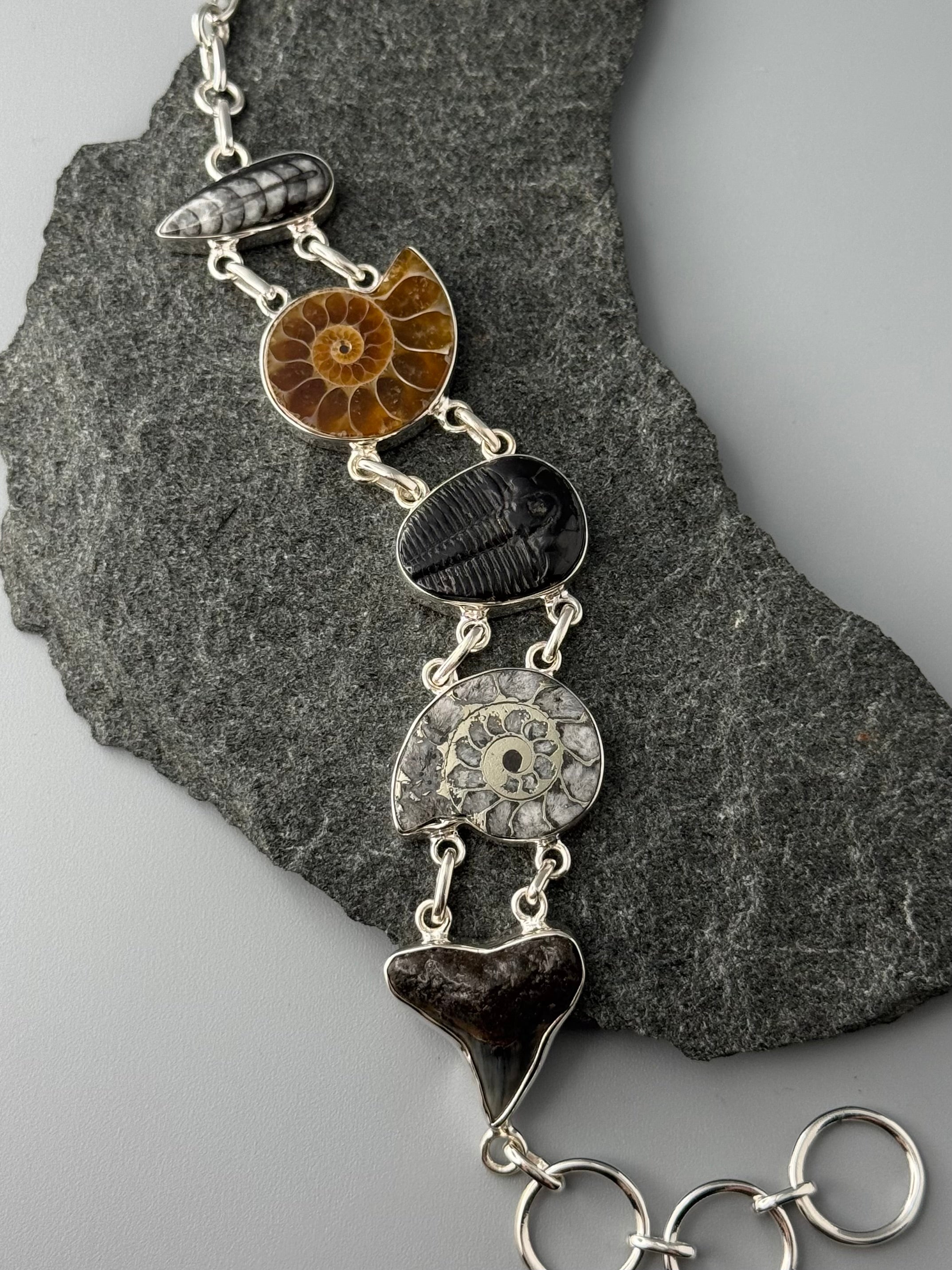 •MULTI FOSSIL• linked silver bracelet (6.75" - 8")