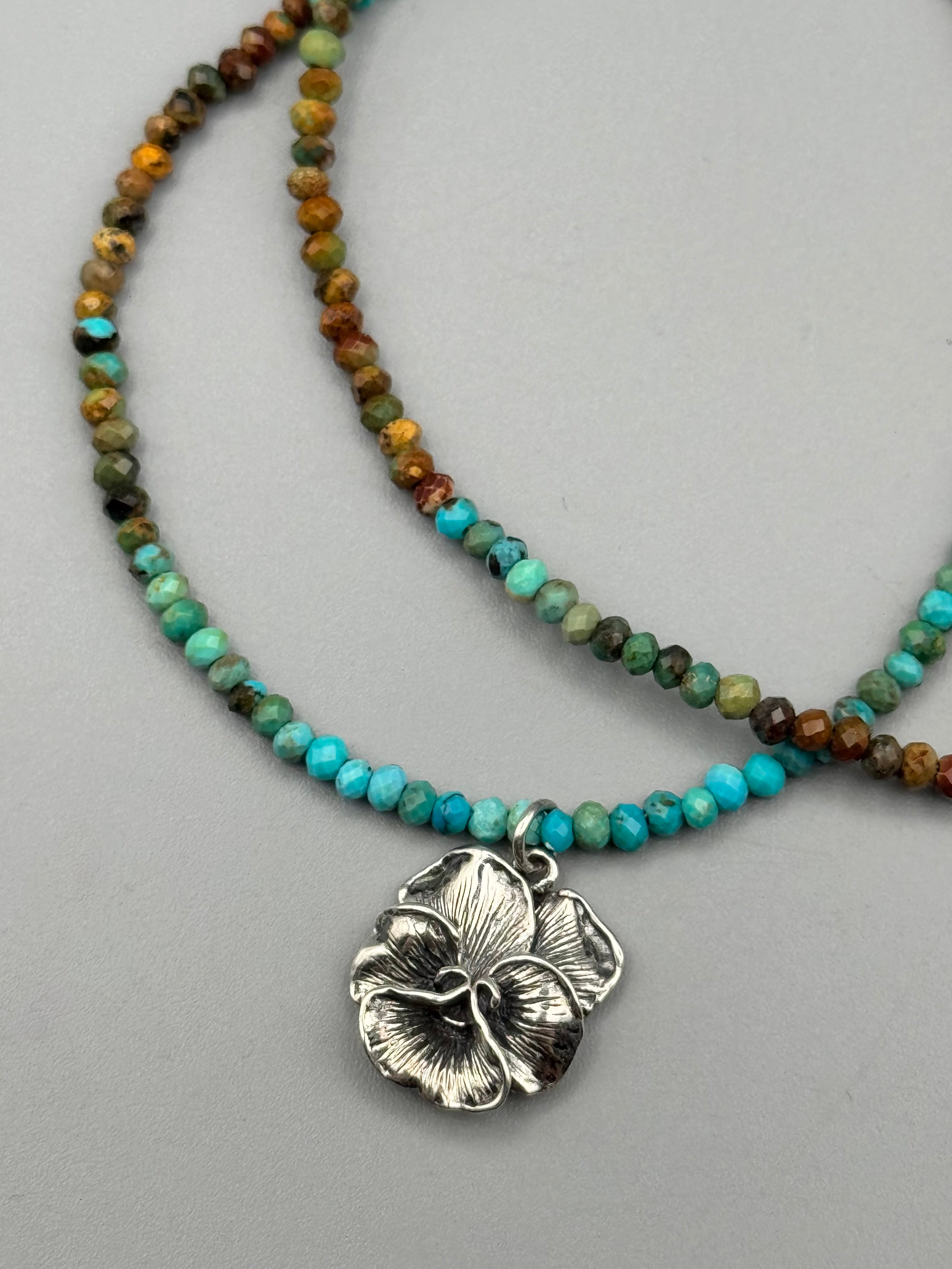 •TURQUOISE - PANSY• silver beaded necklace (16" - 18" long)