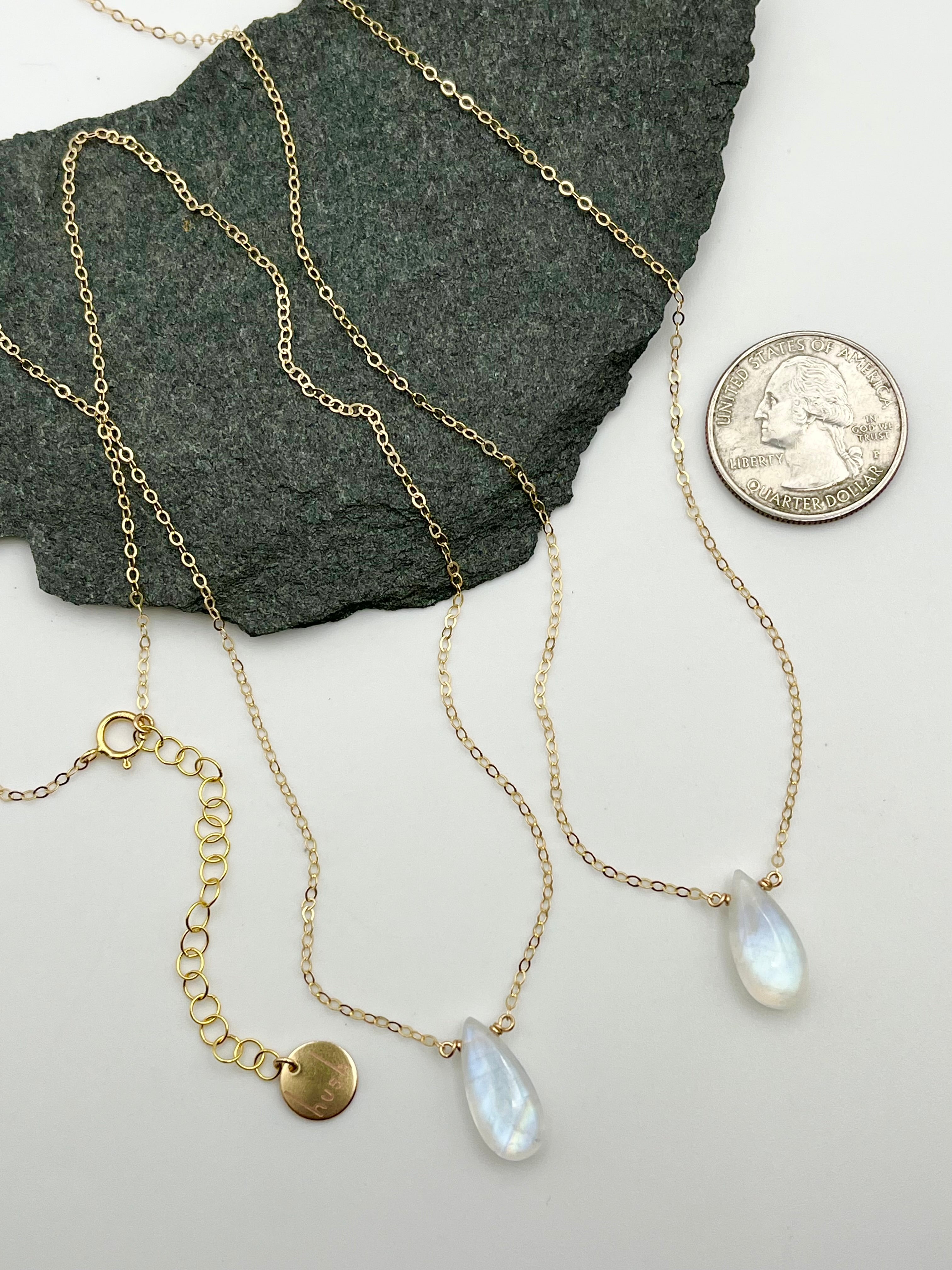 •STRAY• rainbow moonstone teardrop + gold necklace (various lengths)