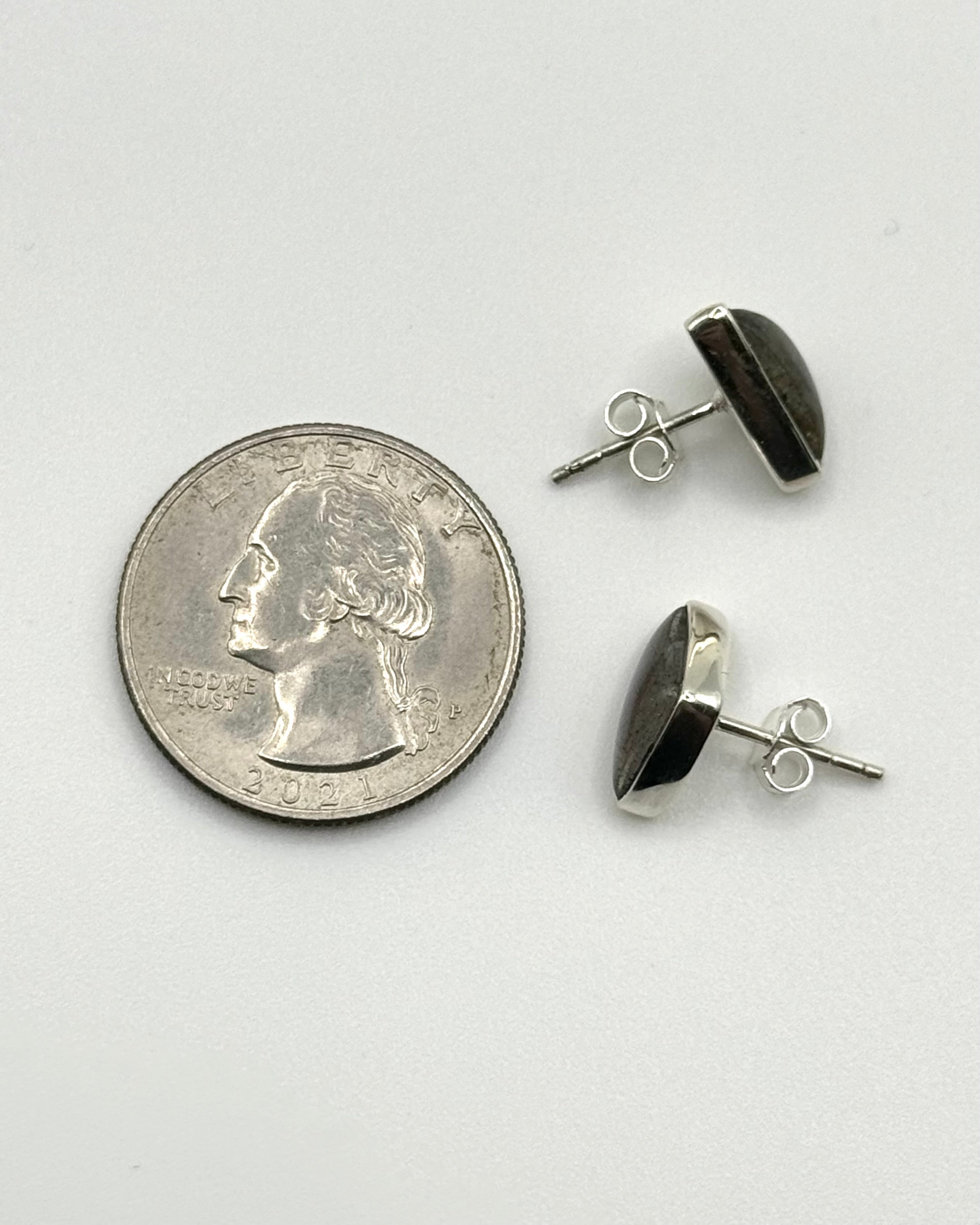 •LABRADORITE - SOFT TRIANGLE• silver bezel set stud earrings