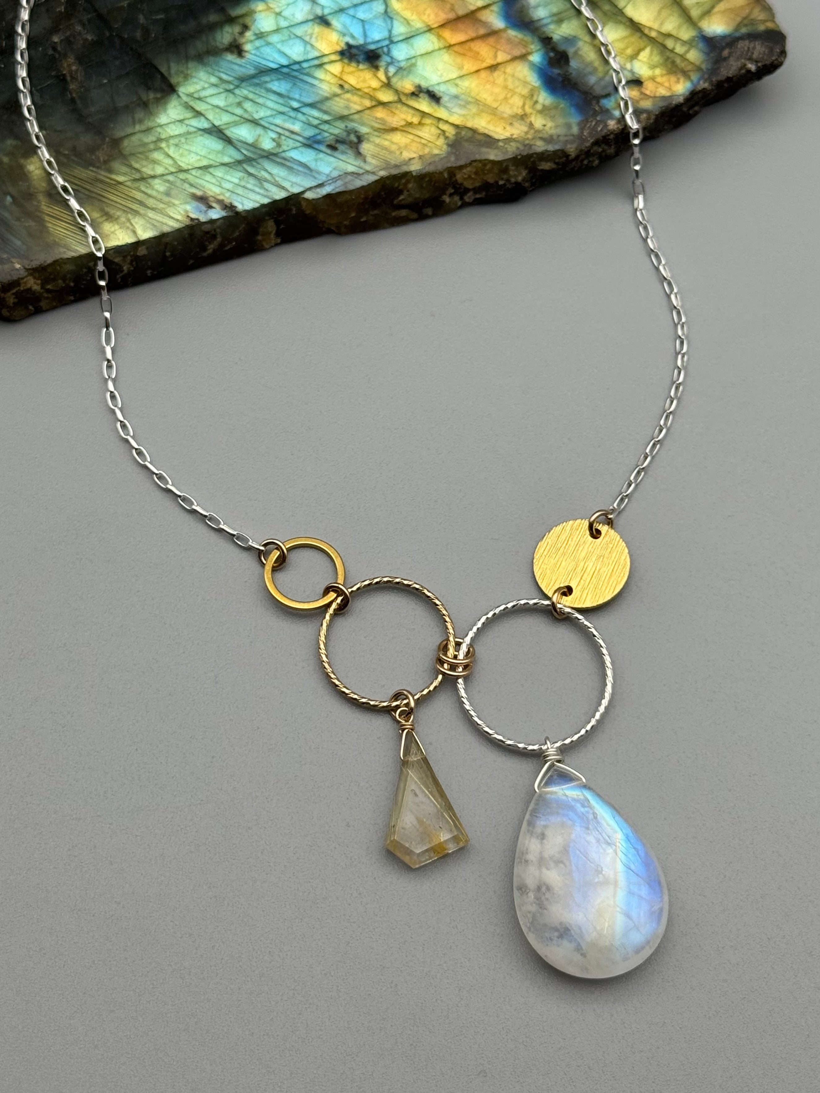 •UNION• rutilated quartz + rainbow moonstone mixed metal necklace (16"-18" long)