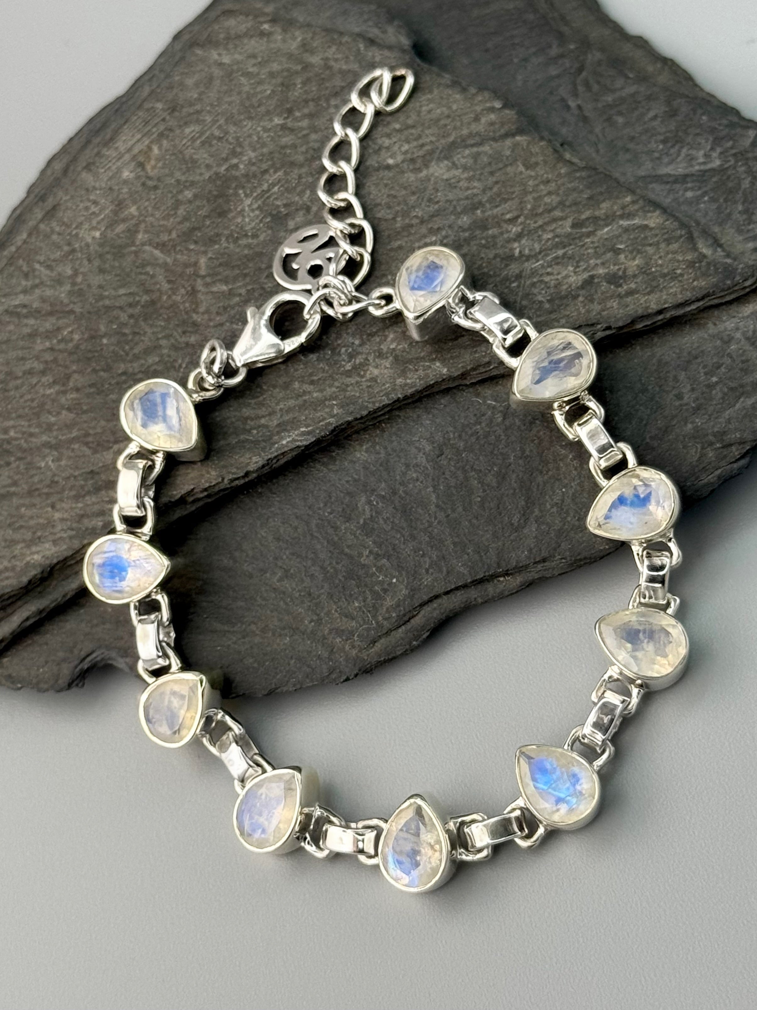 •RAINBOW MOONSTONE - FACETED TEAR• linked silver bracelet (6.25" - 7.75")